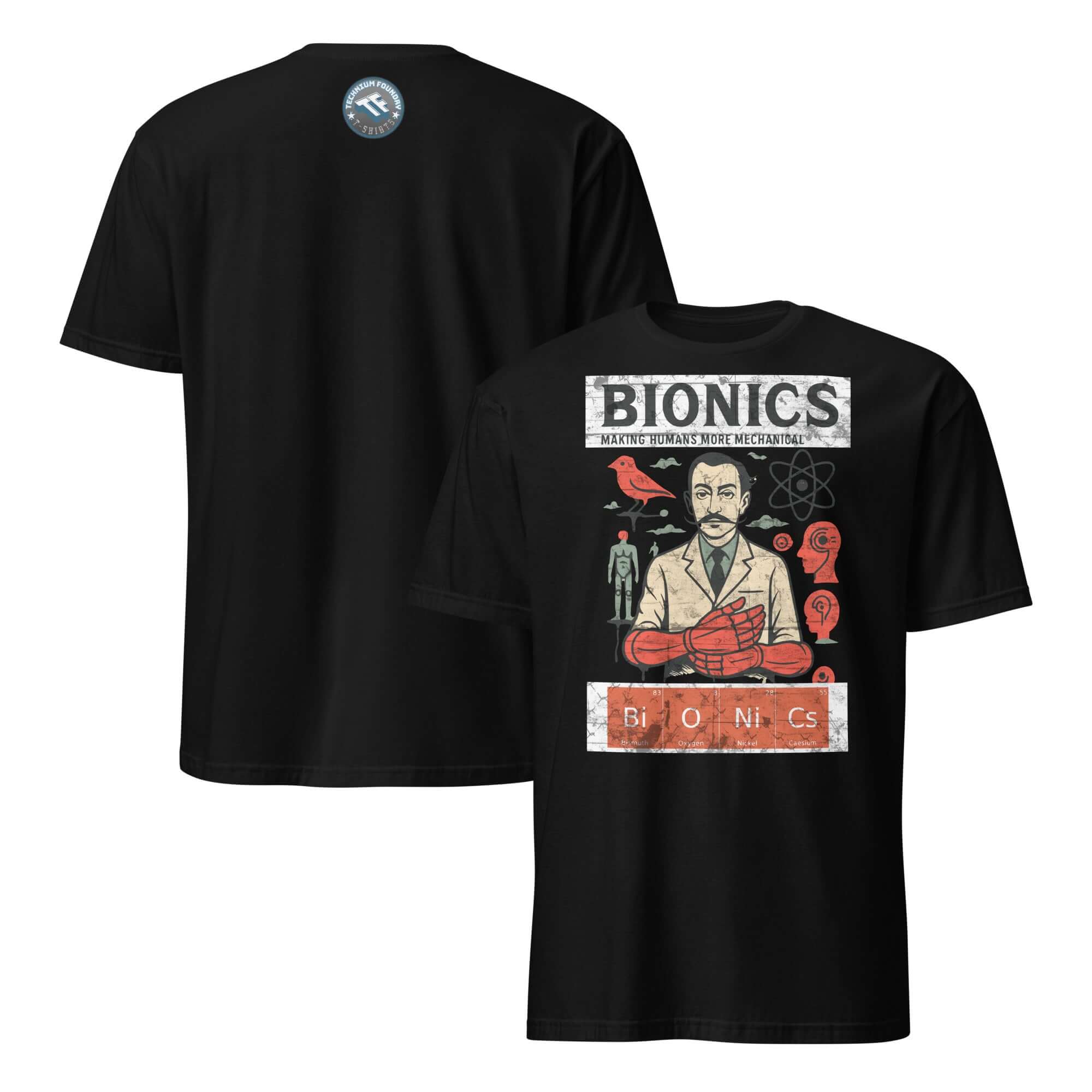 Bionics T-Shirt with vintage cybernetic design, celebrating engineers and human enhancement, black fabric, front and back view