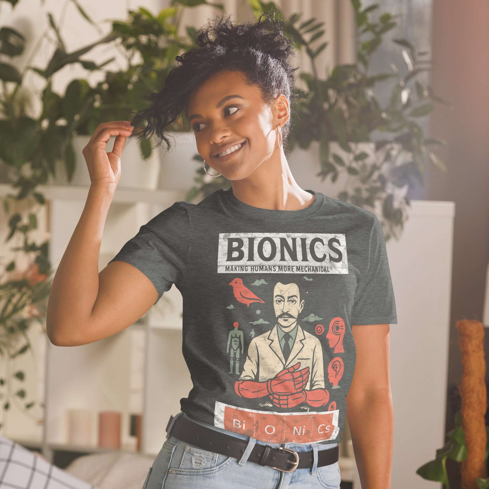 Woman wearing Bionics T-Shirt, celebrating cybernetic enhancement with retro design and vintage style.