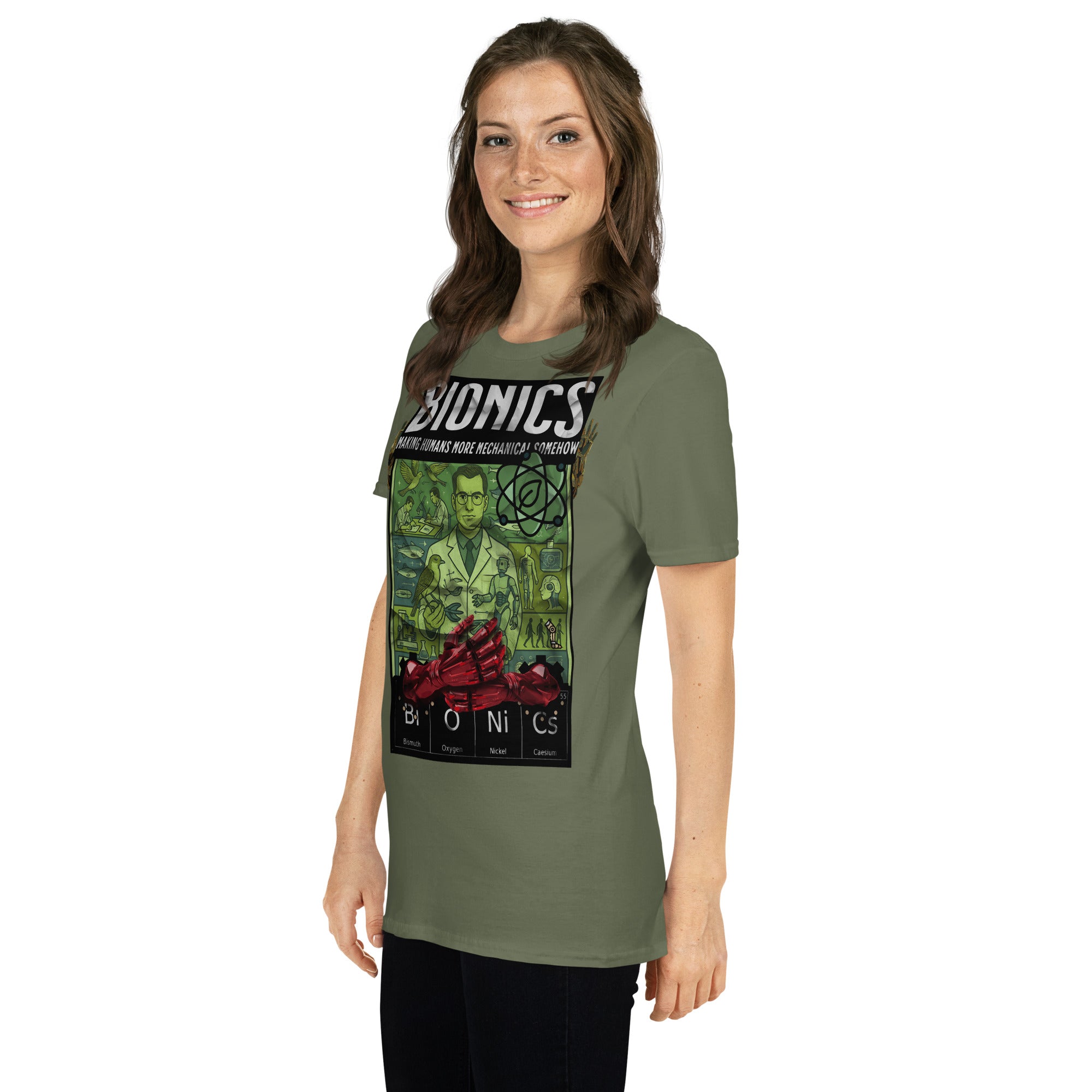 Woman wearing Bionics T-Shirt with vintage scientific design, featuring bioengineering theme, promoting human enhancement fashion.