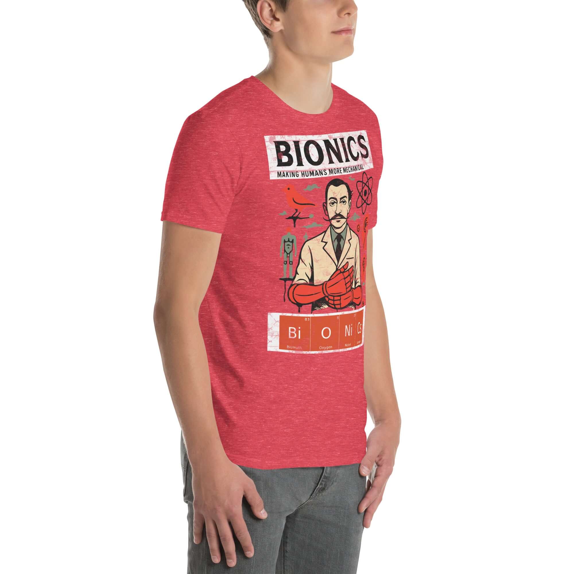 Man wearing red Bionics T-Shirt with vintage cybernetic lab design, blending human enhancement and retro style.