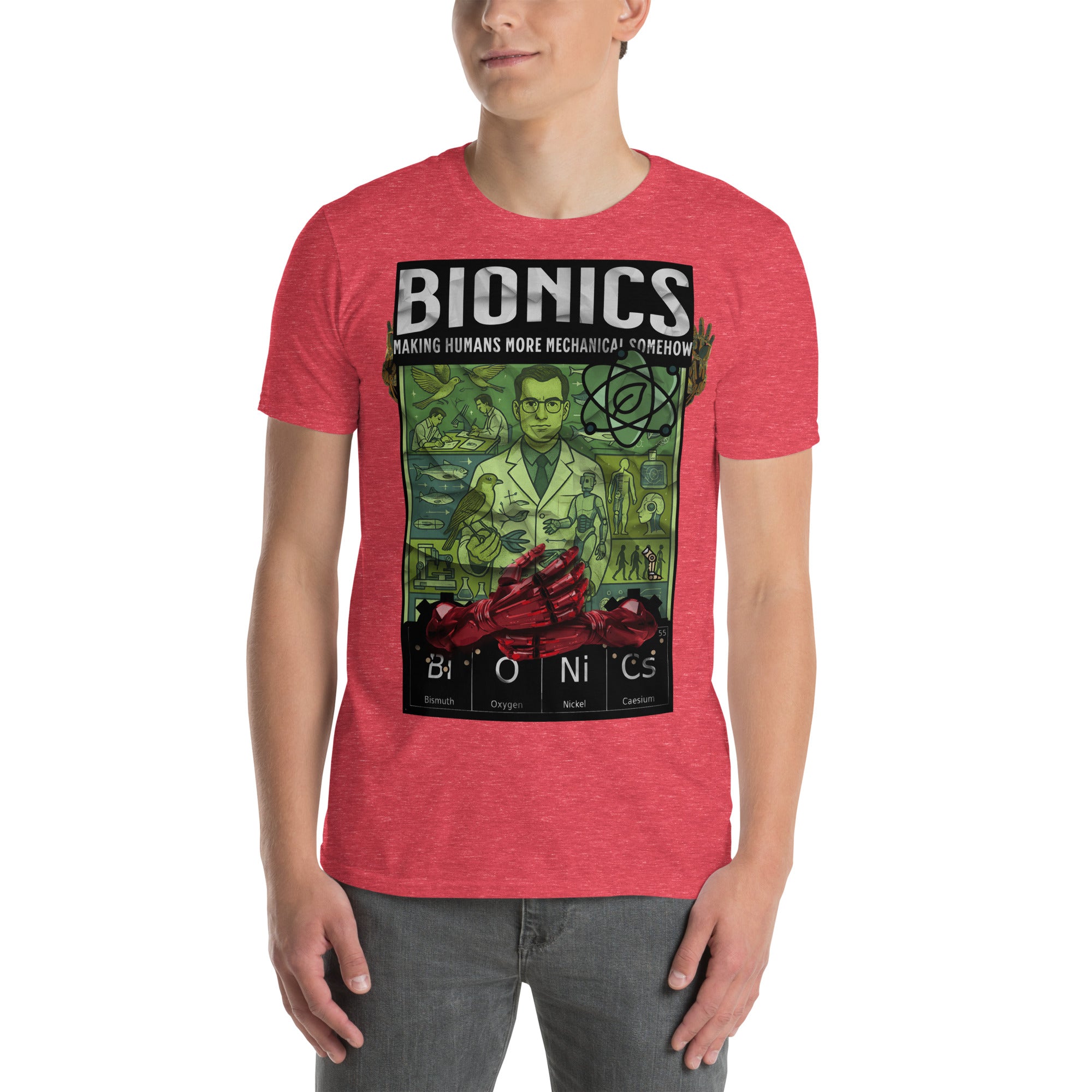 Red Bionics T-shirt featuring vintage scientific poster with bioengineering researcher design.