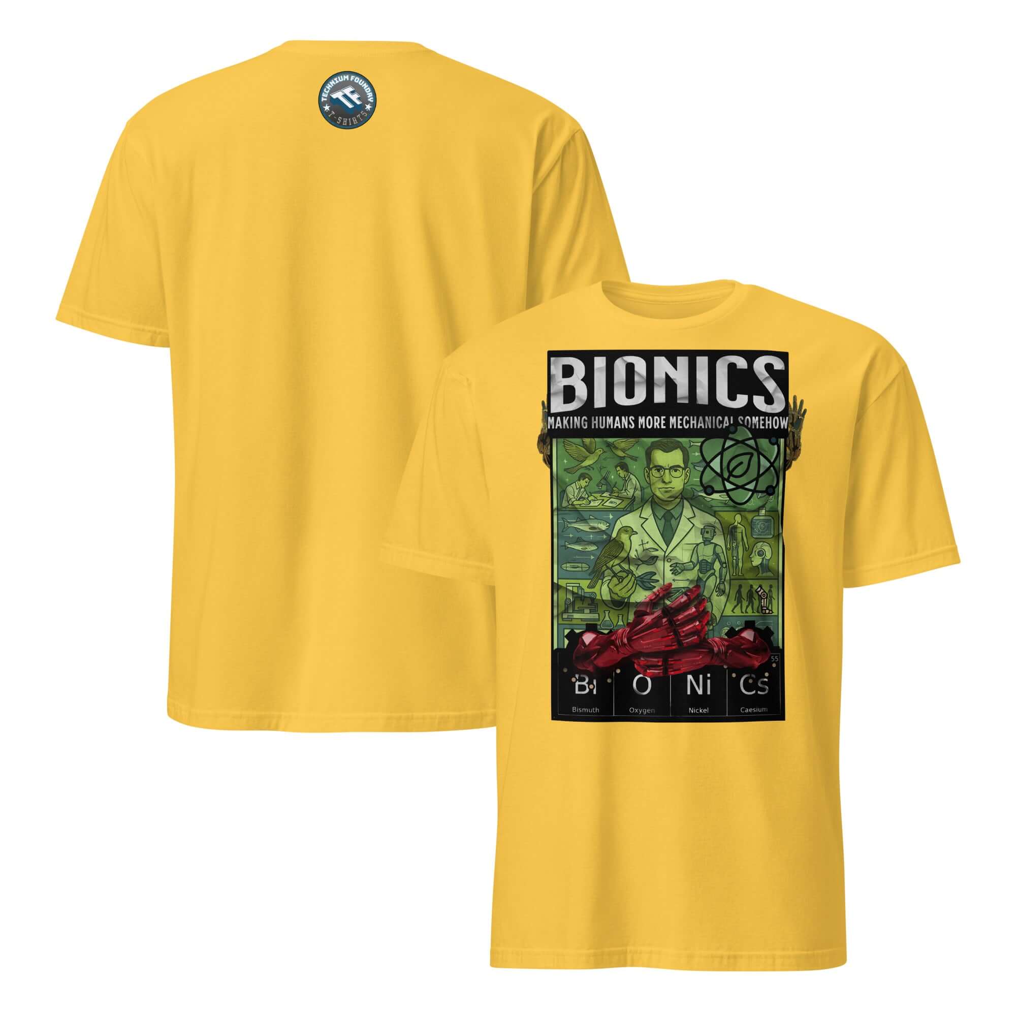 Yellow Bionics T-Shirt with vintage design featuring scientist and bioengineering theme, promoting human enhancement fashion.