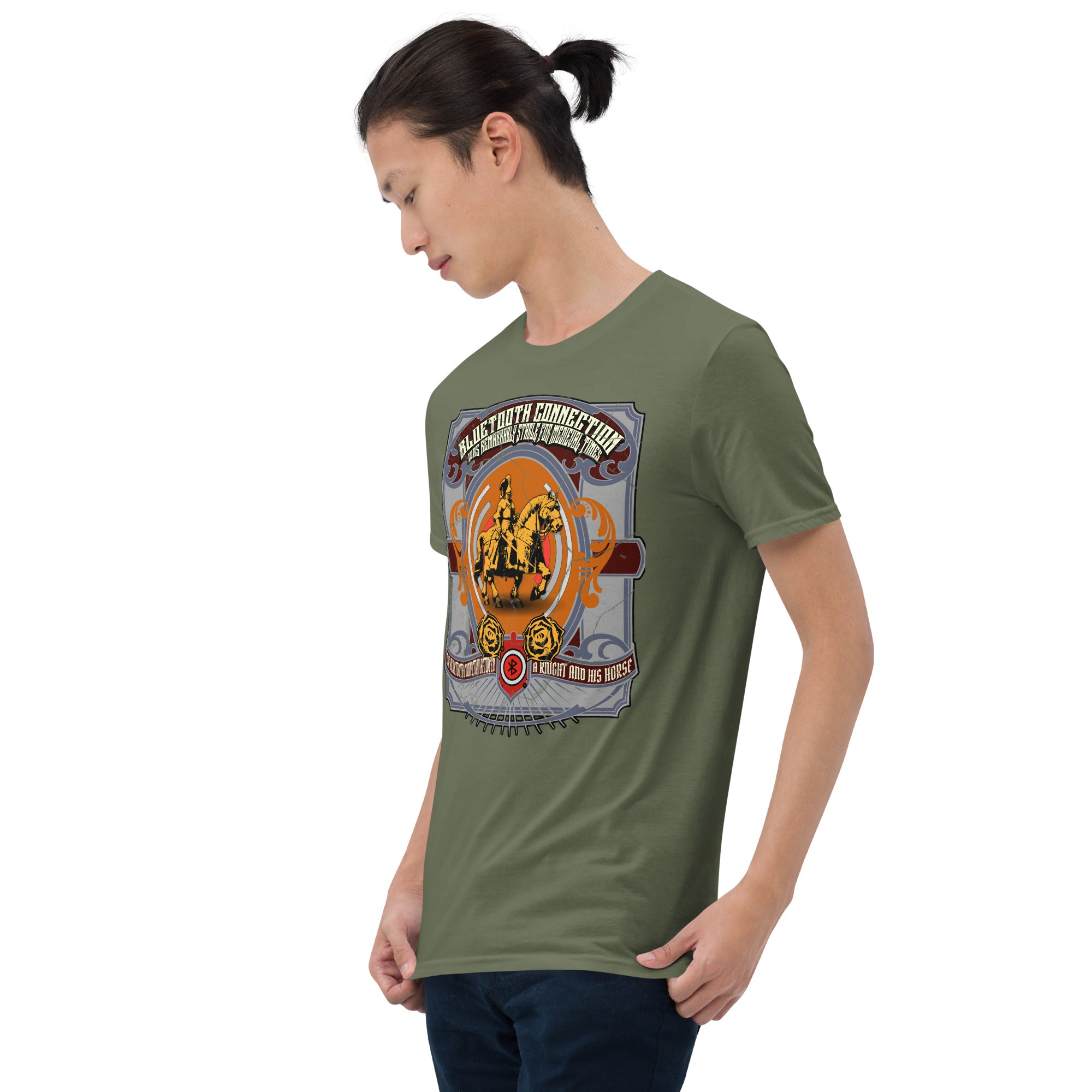 Man wearing a Bluetooth Connection T-shirt featuring a knight on horseback with medieval tech humor design.