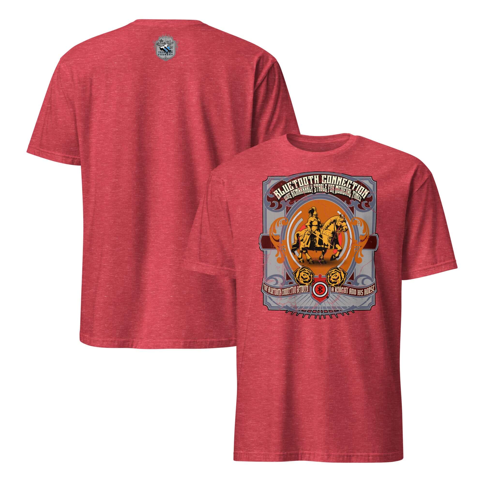 Red Bluetooth Connection T-shirt featuring a medieval knight design, blending tech humor with historical flair.