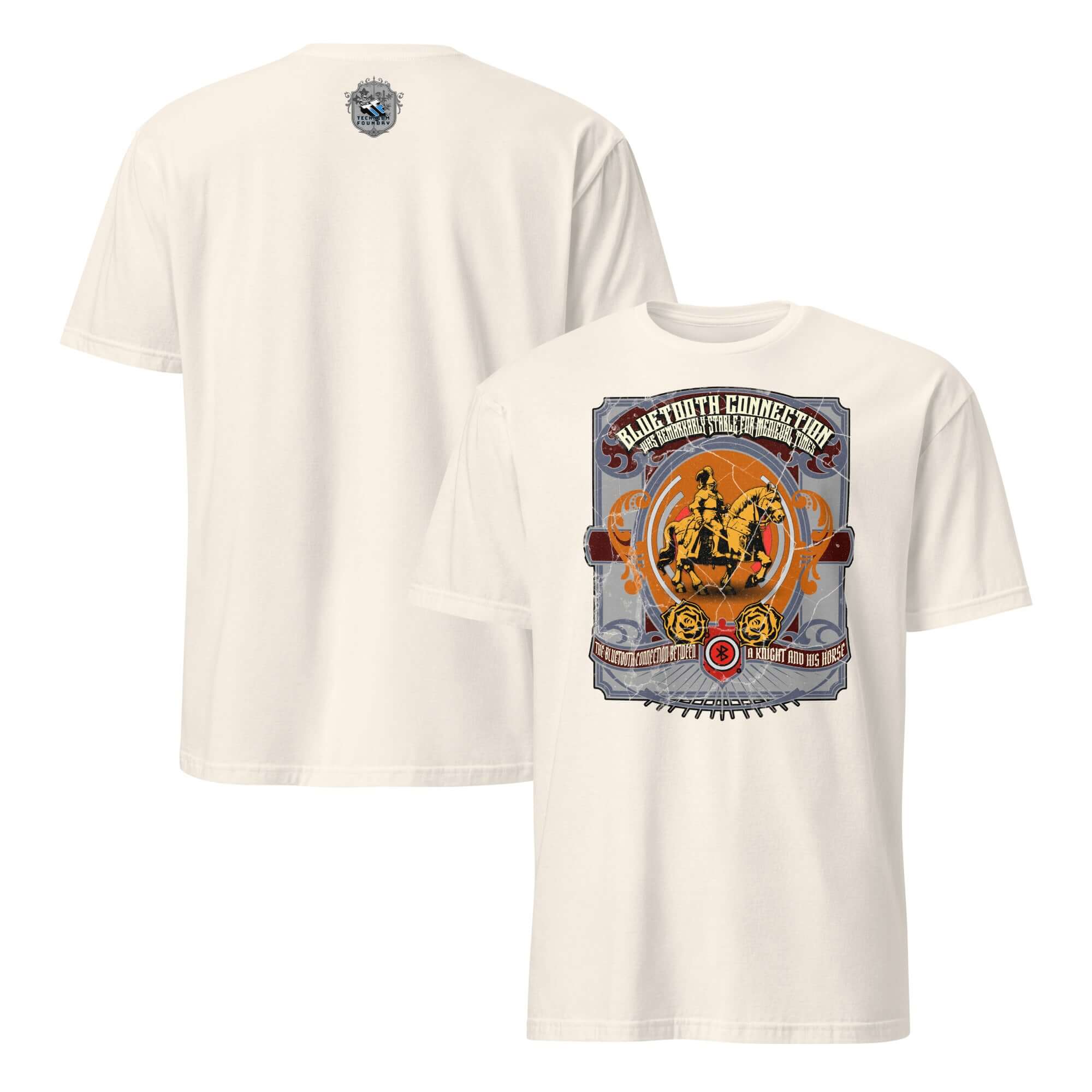 White t-shirt with a knight design, humorously depicting medieval Bluetooth technology. Perfect for tech history enthusiasts.
