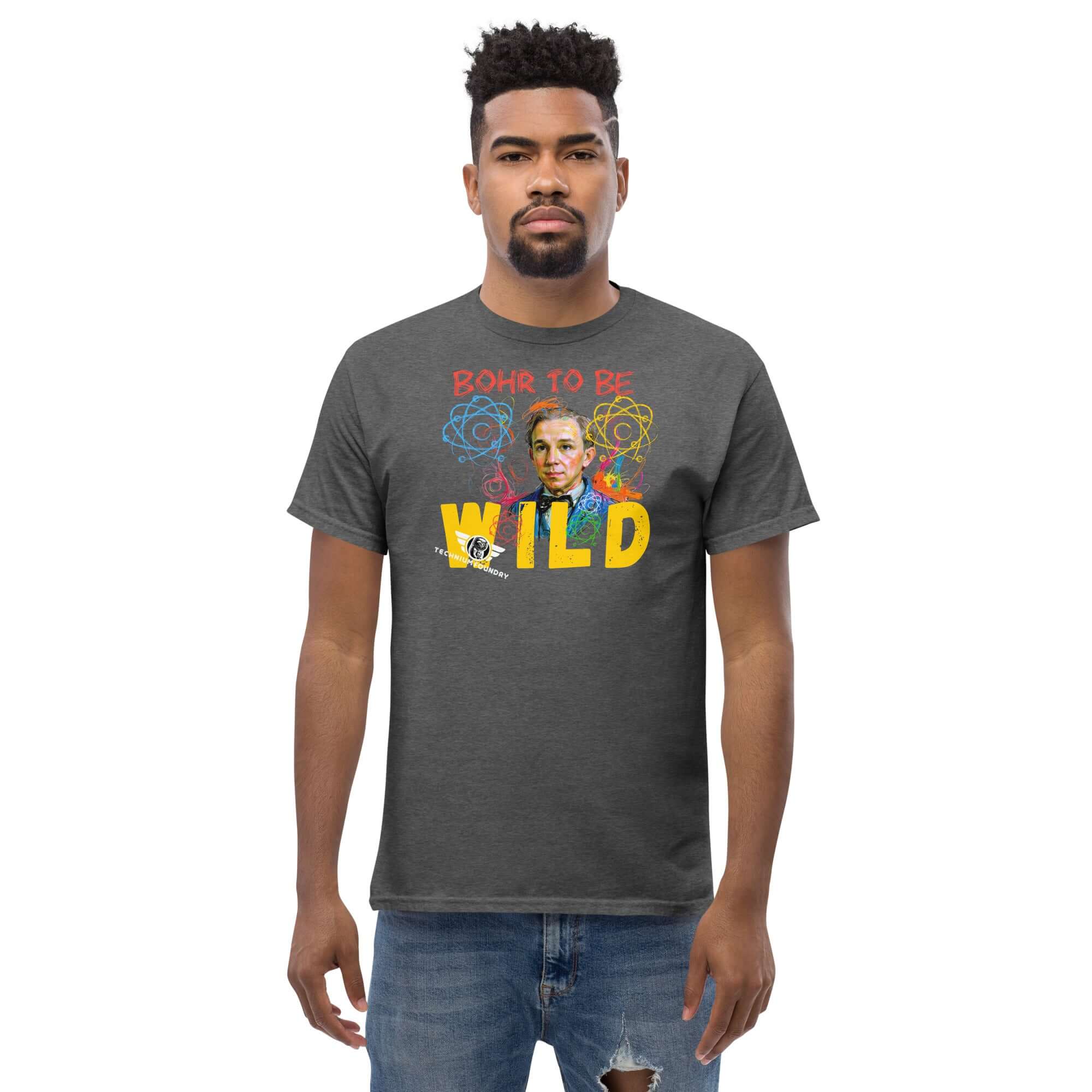 Model wearing 'Bohr to Be Wild' t-shirt with Niels Bohr fusion art, blending quantum physics and rock & roll vibes.