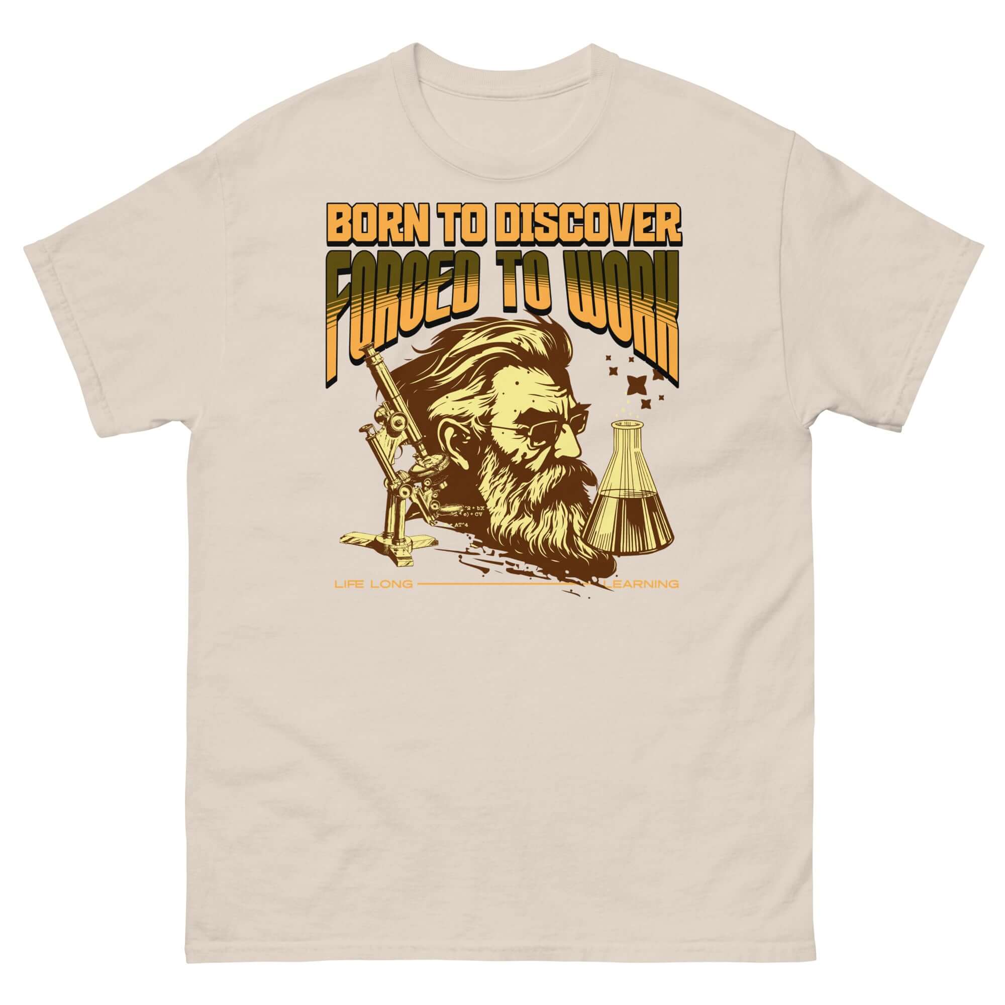 Vintage style scientist t-shirt with illustration; 'Born to Discover, Forced to Work' design, perfect for academics.