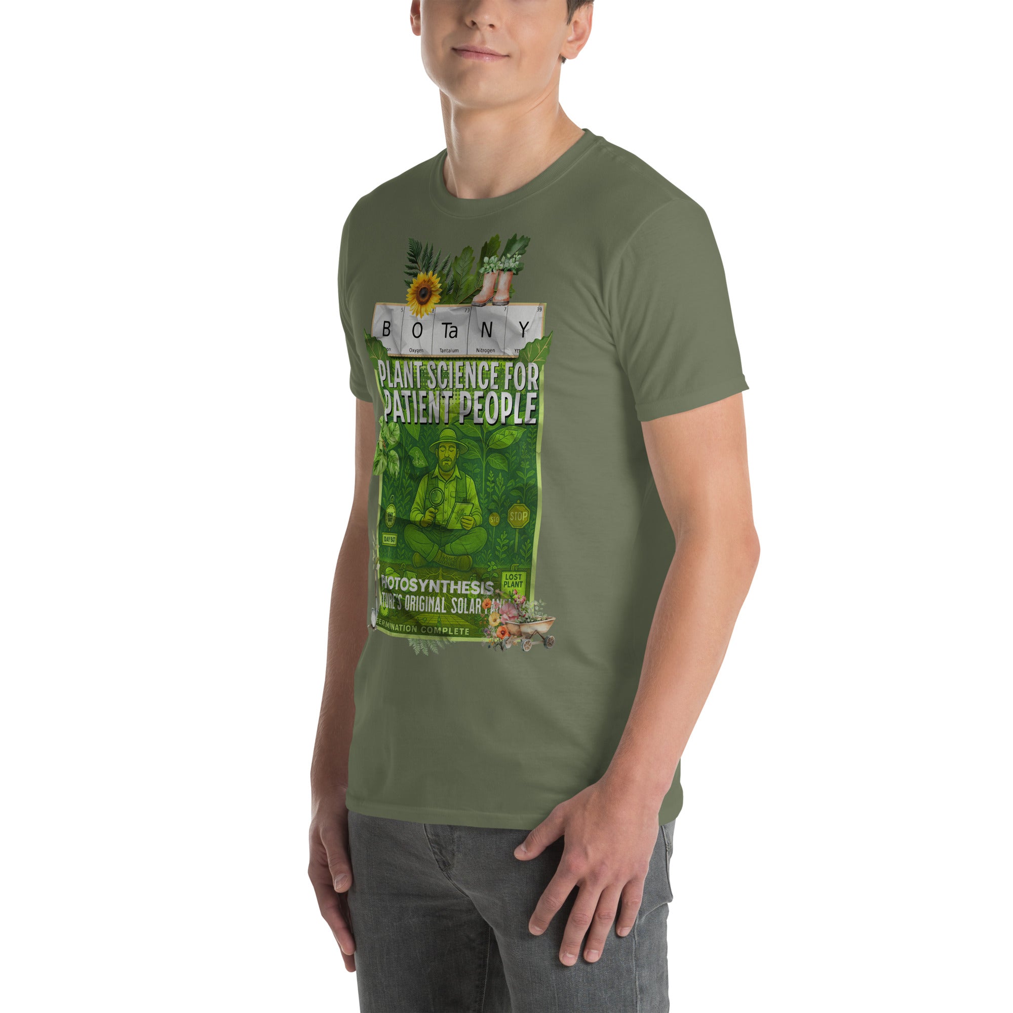 Green "Botany: Plant Science For Patient People" T-shirt featuring a vintage botanical field guide design.