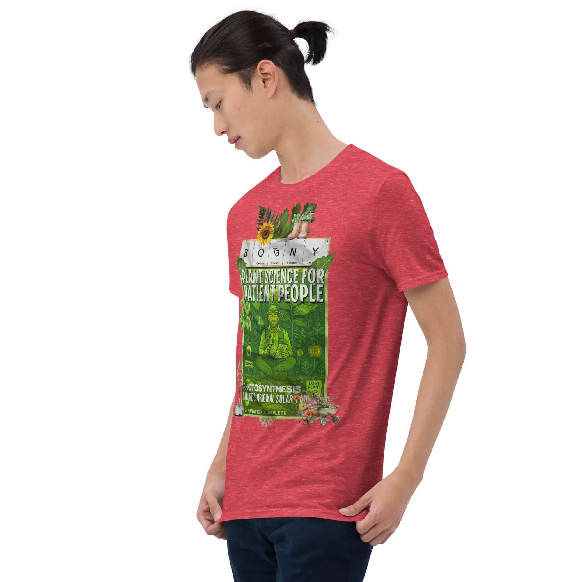 Person wearing red "Botany: Plant Science For Patient People" t-shirt, featuring vintage botanical design and a peaceful science theme.