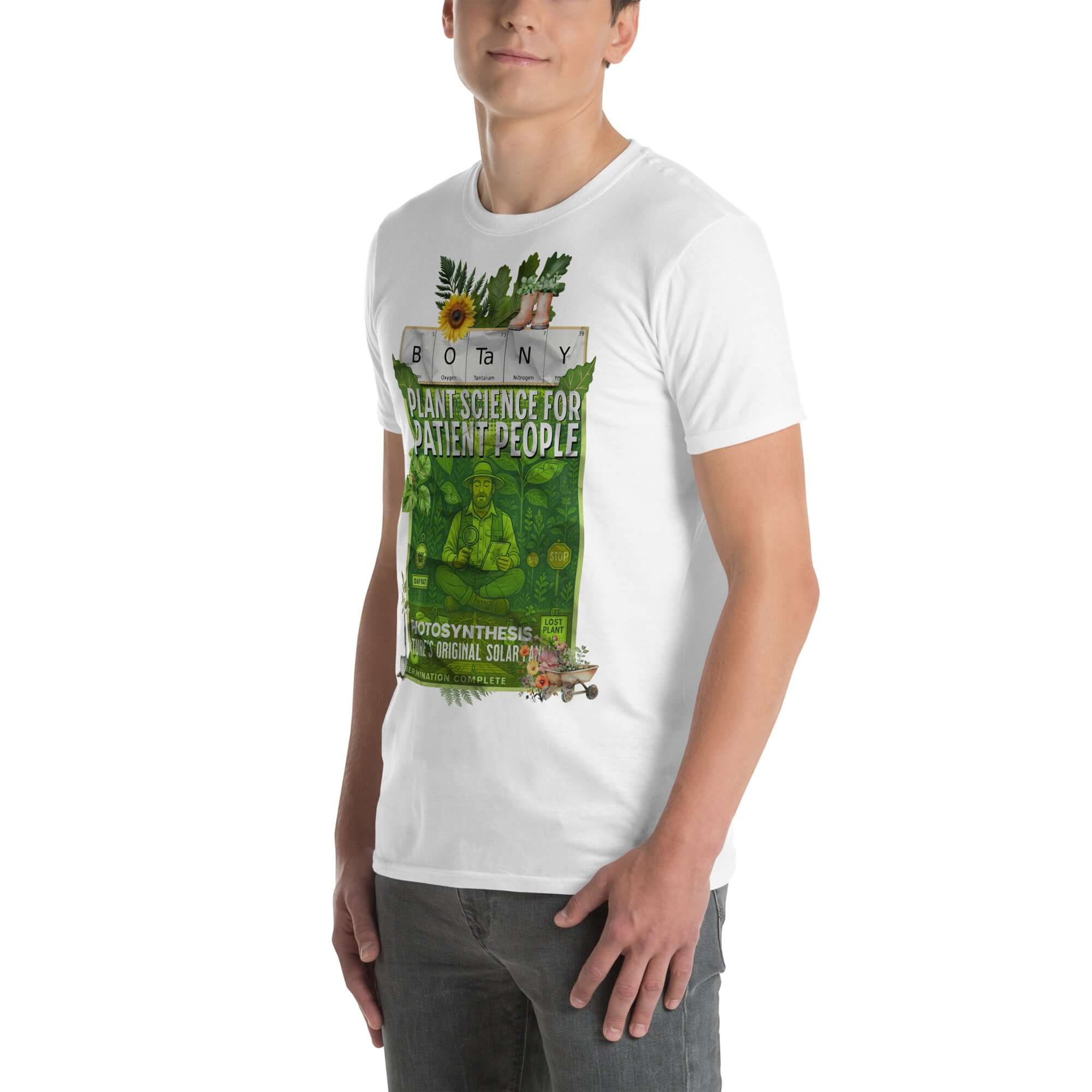 Person wearing Botany T-Shirt featuring "Plant Science For Patient People" design with vintage botanical field guide art.