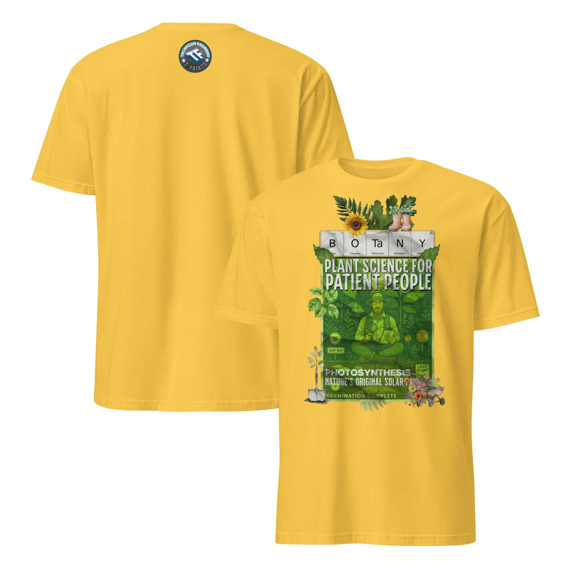 Yellow Botany T-Shirt featuring 'Plant Science For Patient People' design with vintage botanical field guide illustration.