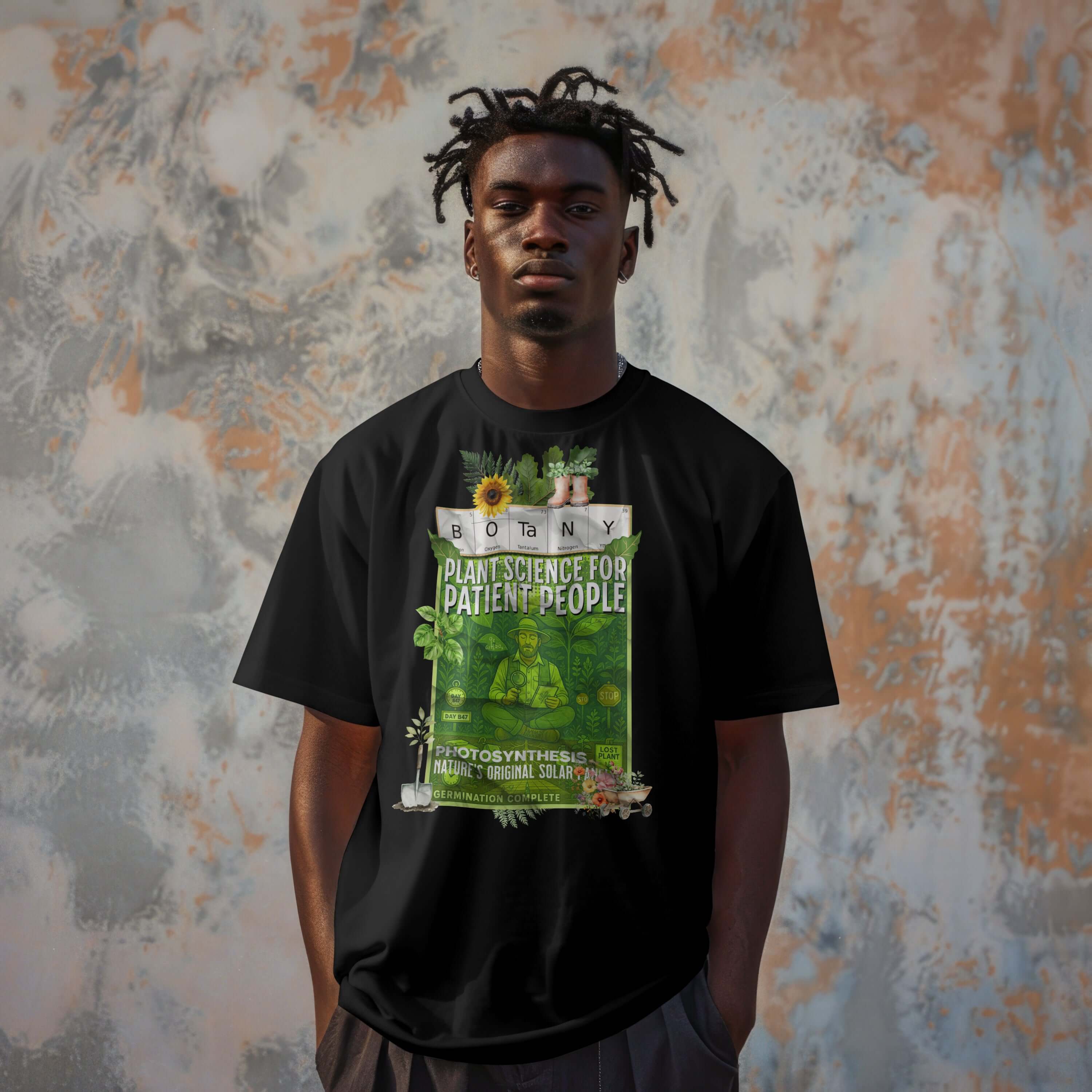 Model wearing Botany T-Shirt with 'Plant Science For Patient People' graphic, highlighting love for peaceful botanical research.