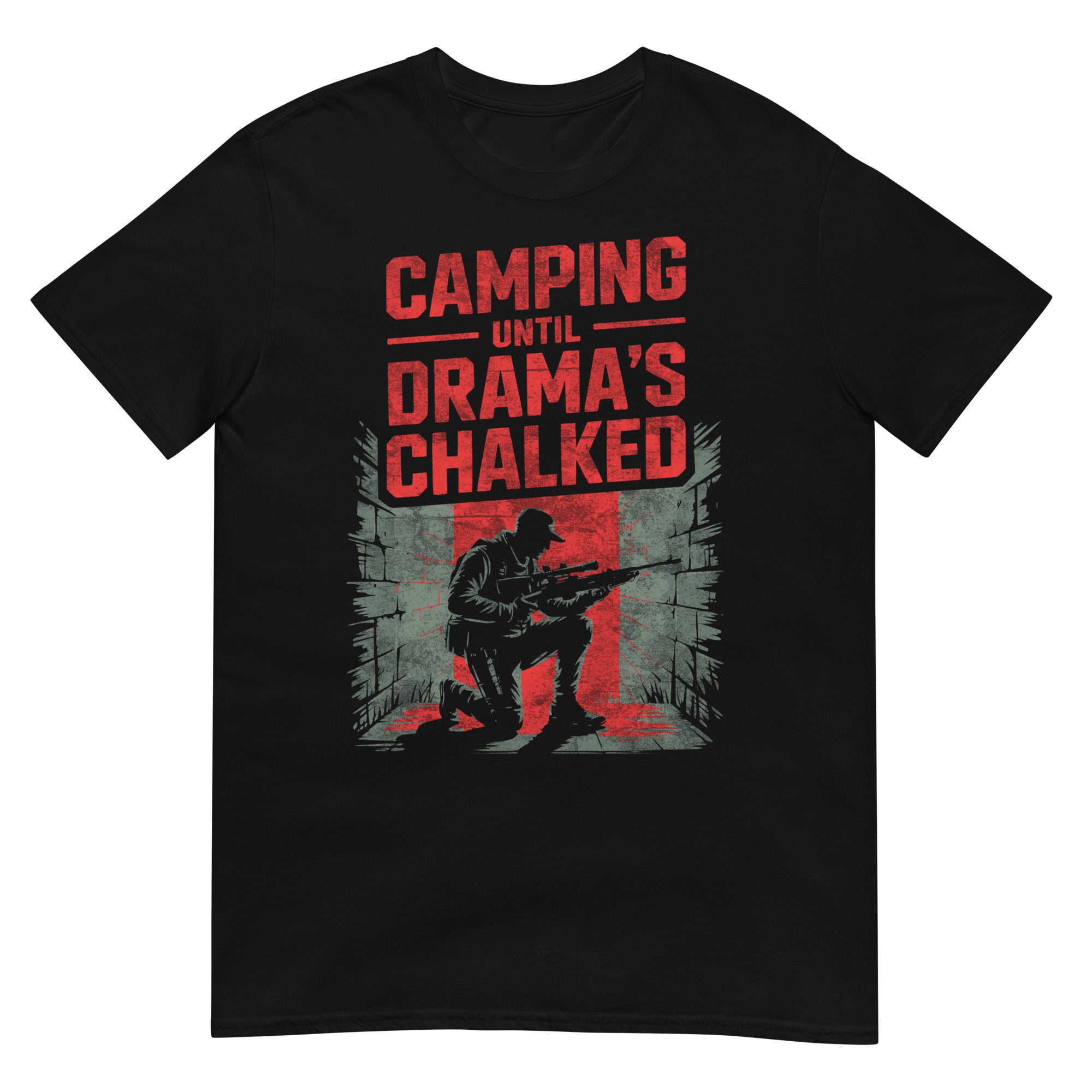 Camping Until Drama's Chalked T-Shirt with gaming humor graphics, perfect for COD Mobile Battle Royale and social strategy enthusiasts.