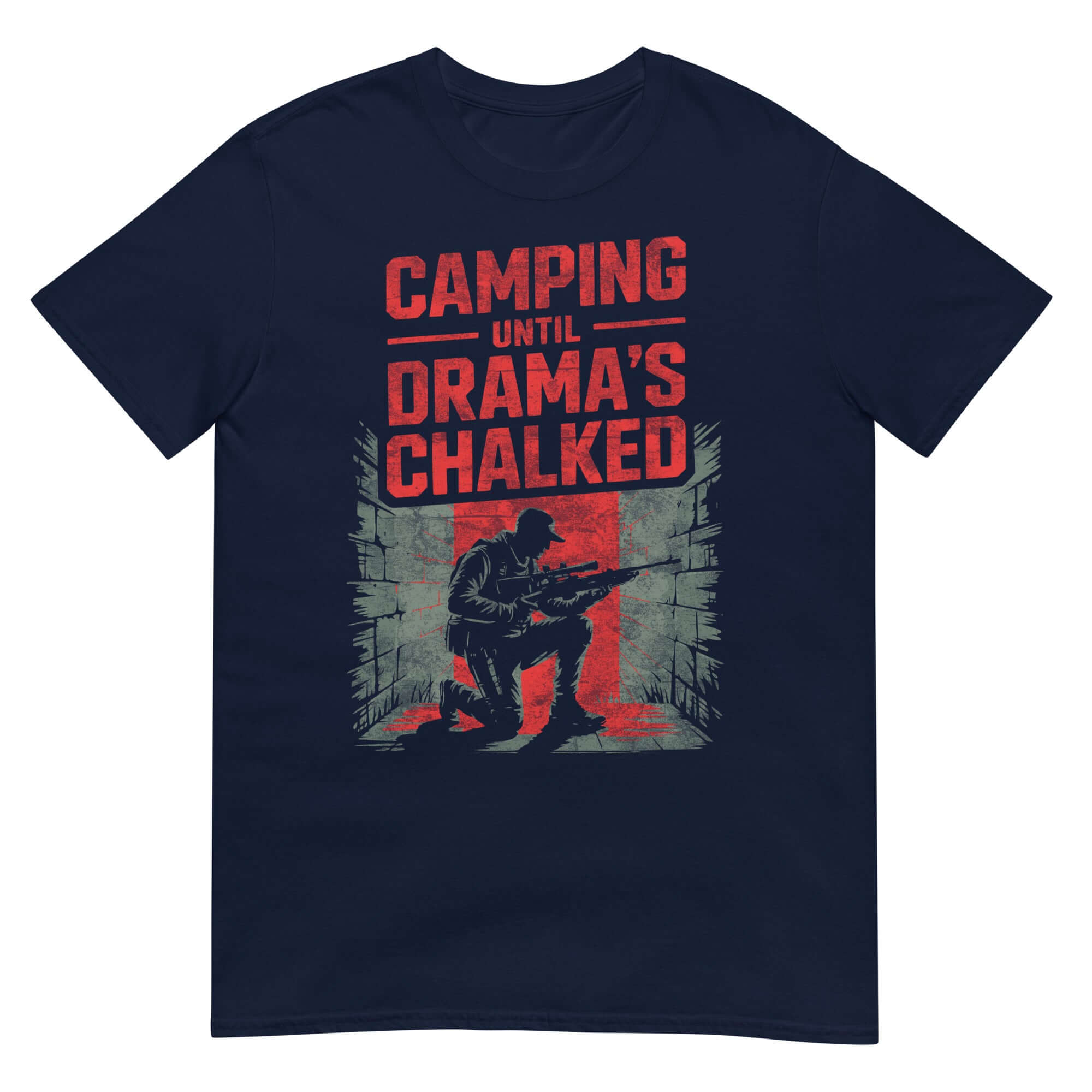 Camping Until Drama's Chalked T-Shirt with gaming humor design, features silhouette of soldier, ideal for COD Mobile fans and social strategy enthusiasts.