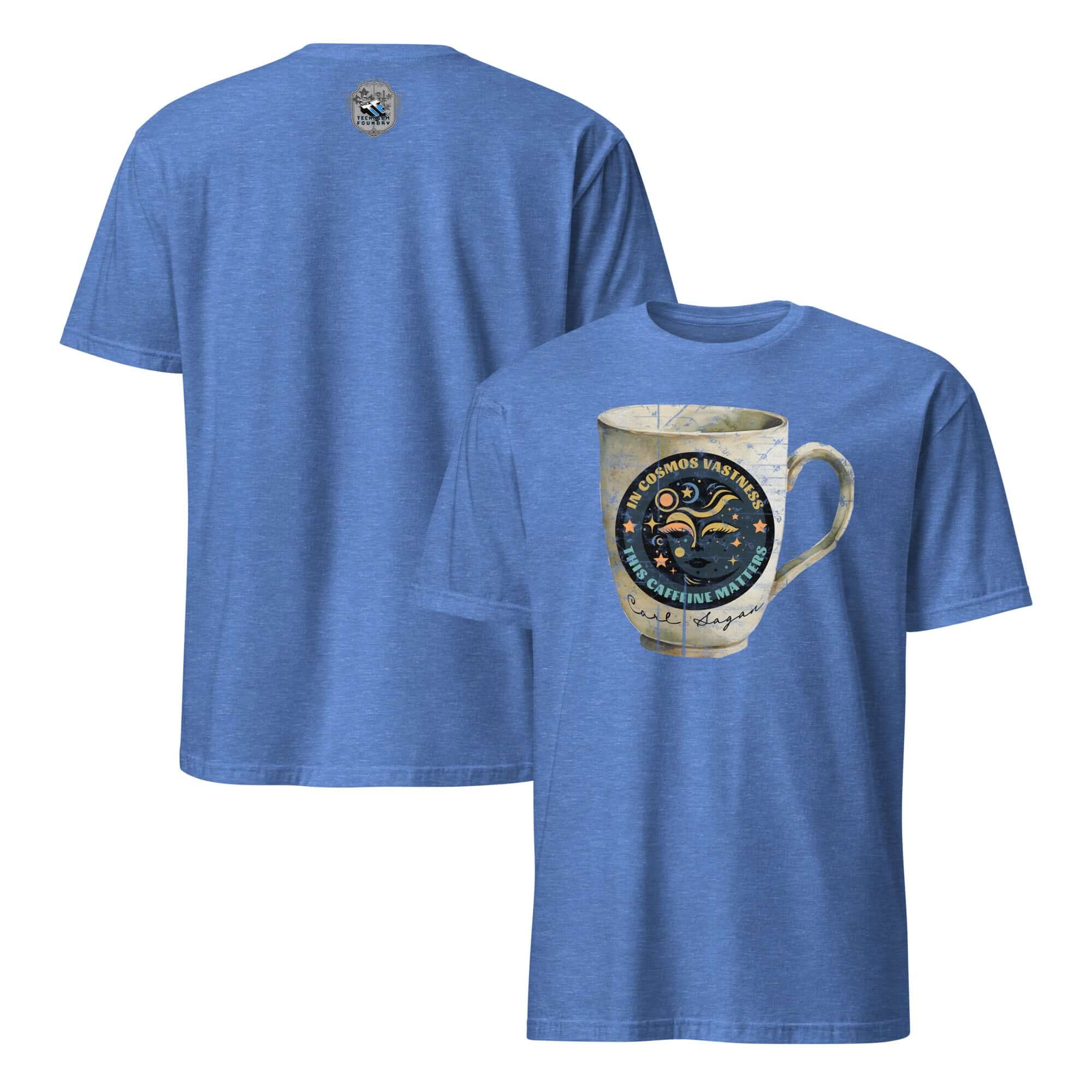 Carl Sagan Cosmic Coffee Mug T-Shirt featuring celestial design with coffee cup, moon face, stars, and planets for astronomical caffeine lovers.