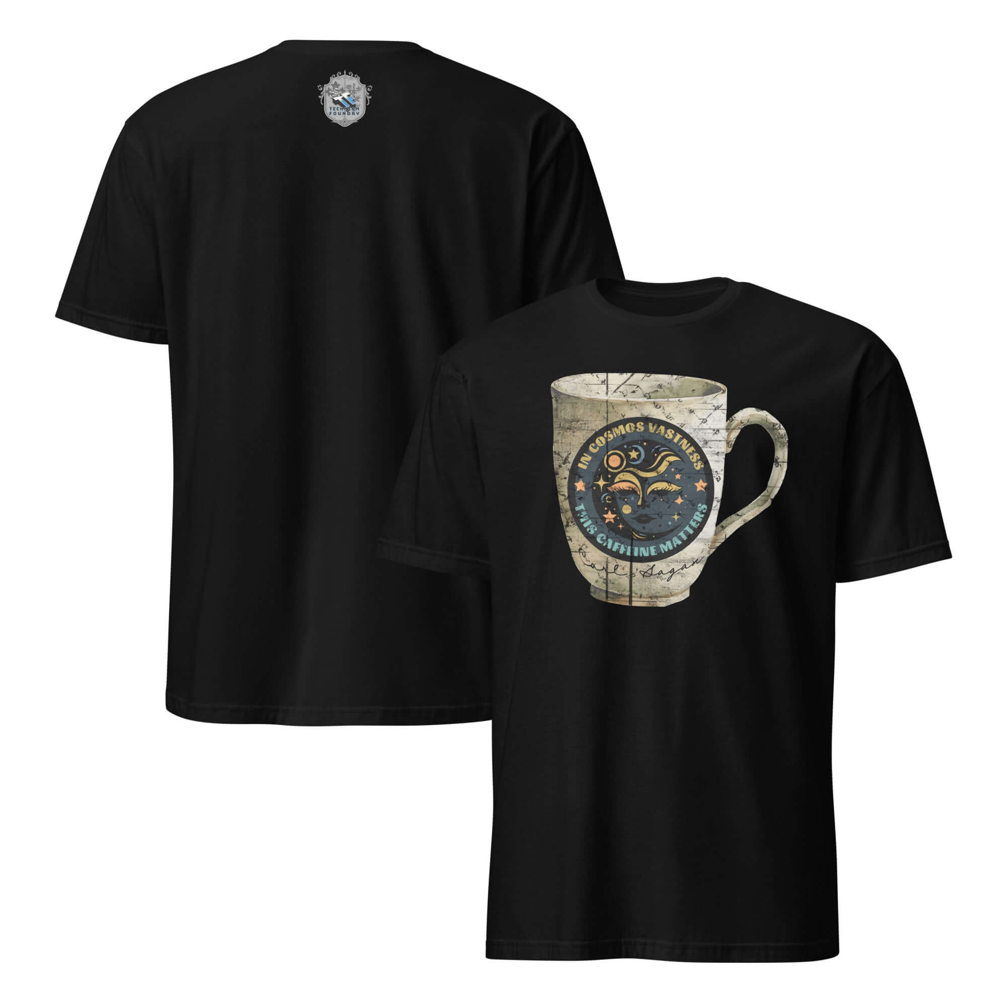 Cosmic Coffee Mug T-Shirt featuring Carl Sagan-inspired astronomical design with lunar face and stars on black shirt.