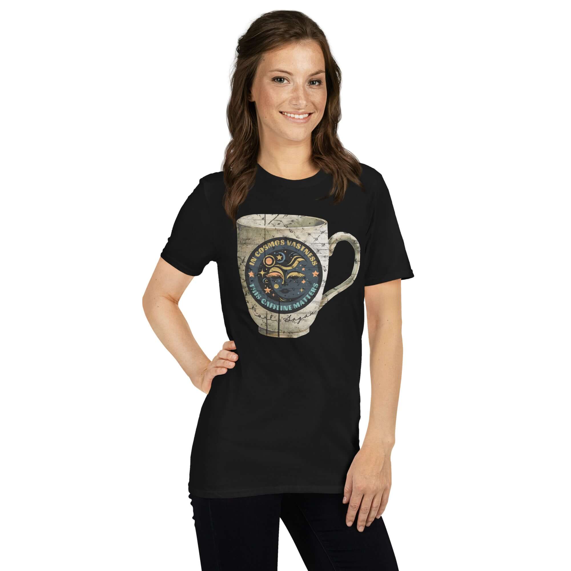 Woman wearing Carl Sagan Cosmic Coffee Mug T-Shirt with celestial design of lunar-faced mug and stars, blending astronomy with caffeine humor.