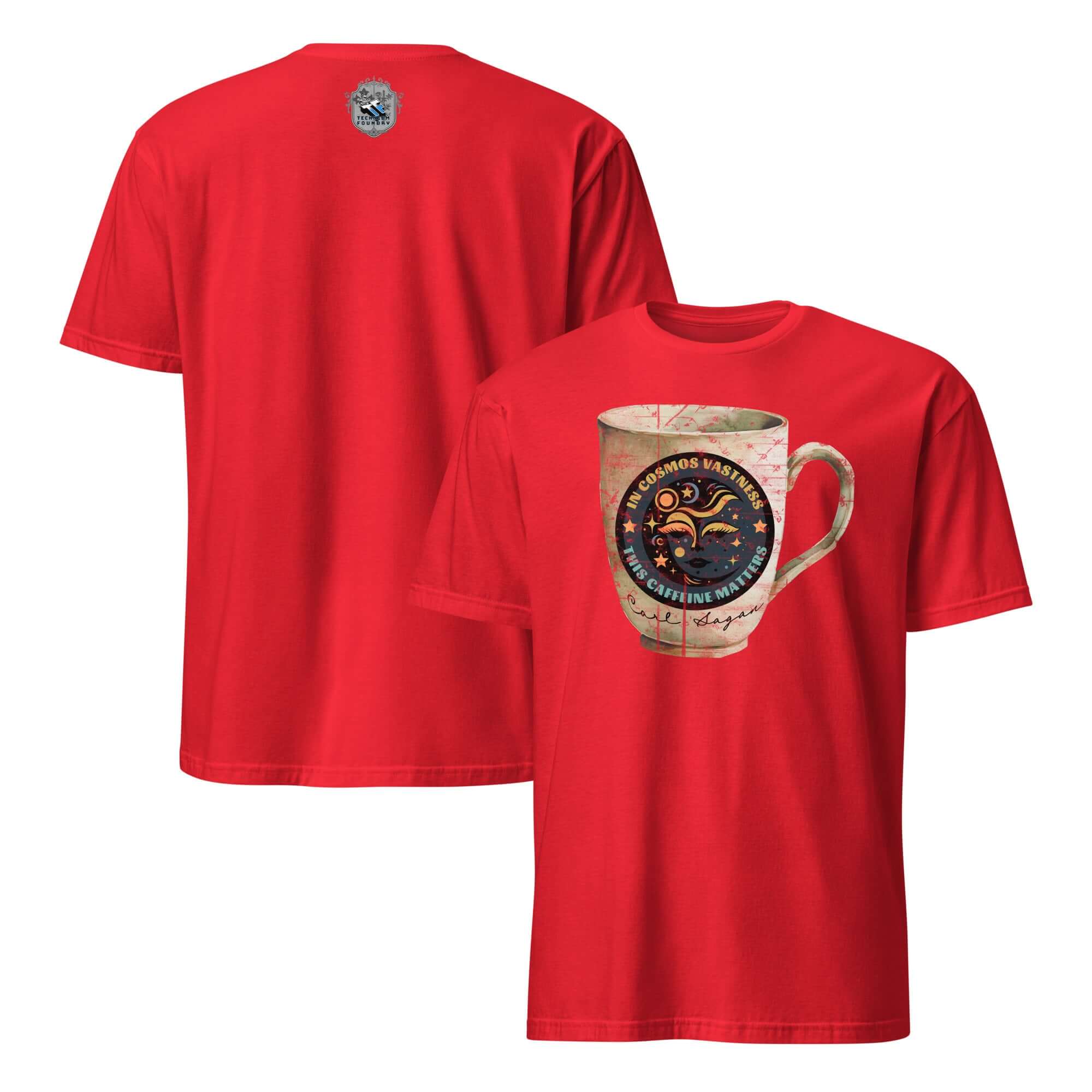 Red Carl Sagan Cosmic Coffee Mug T-Shirt with lunar face design, stars, and planets, blending astronomy and caffeine humor.