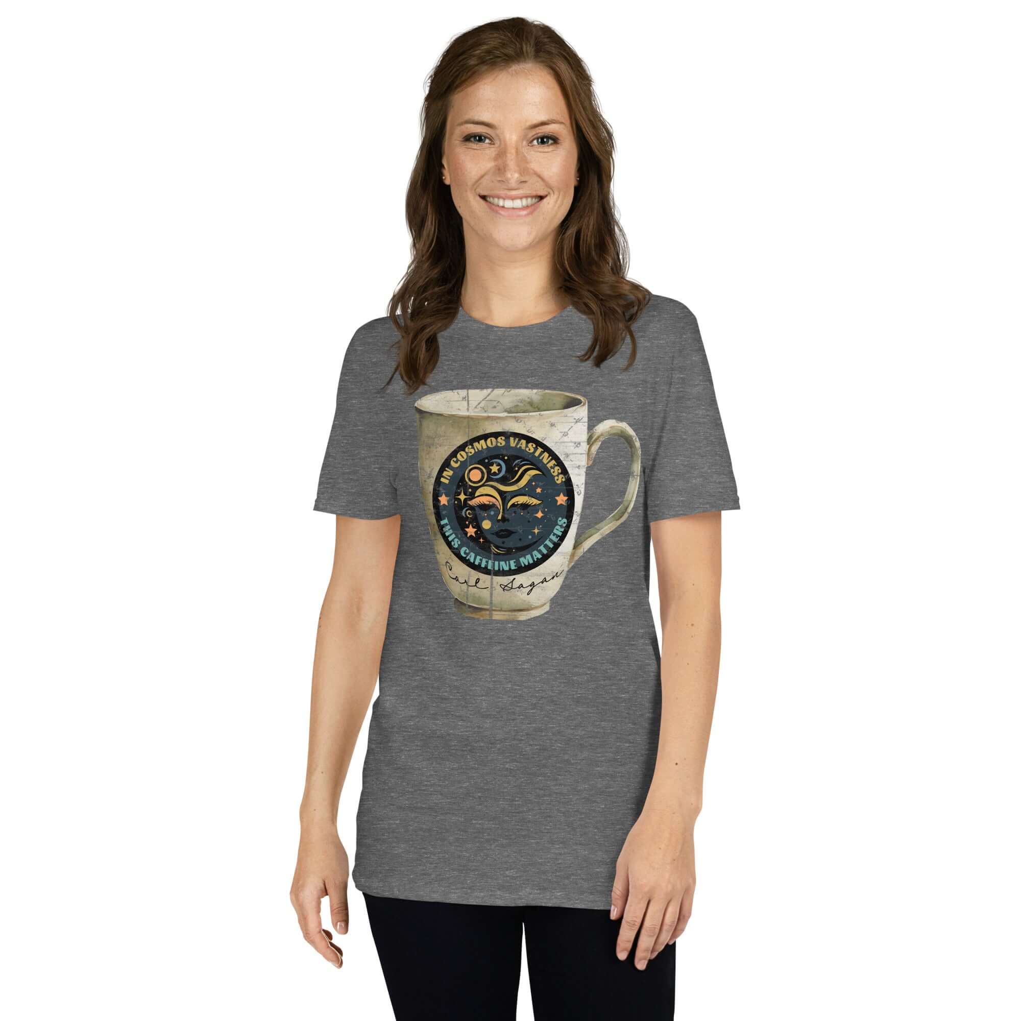 Woman wearing Carl Sagan Cosmic Coffee Mug T-Shirt with celestial design and humorous astronomical caffeine theme.