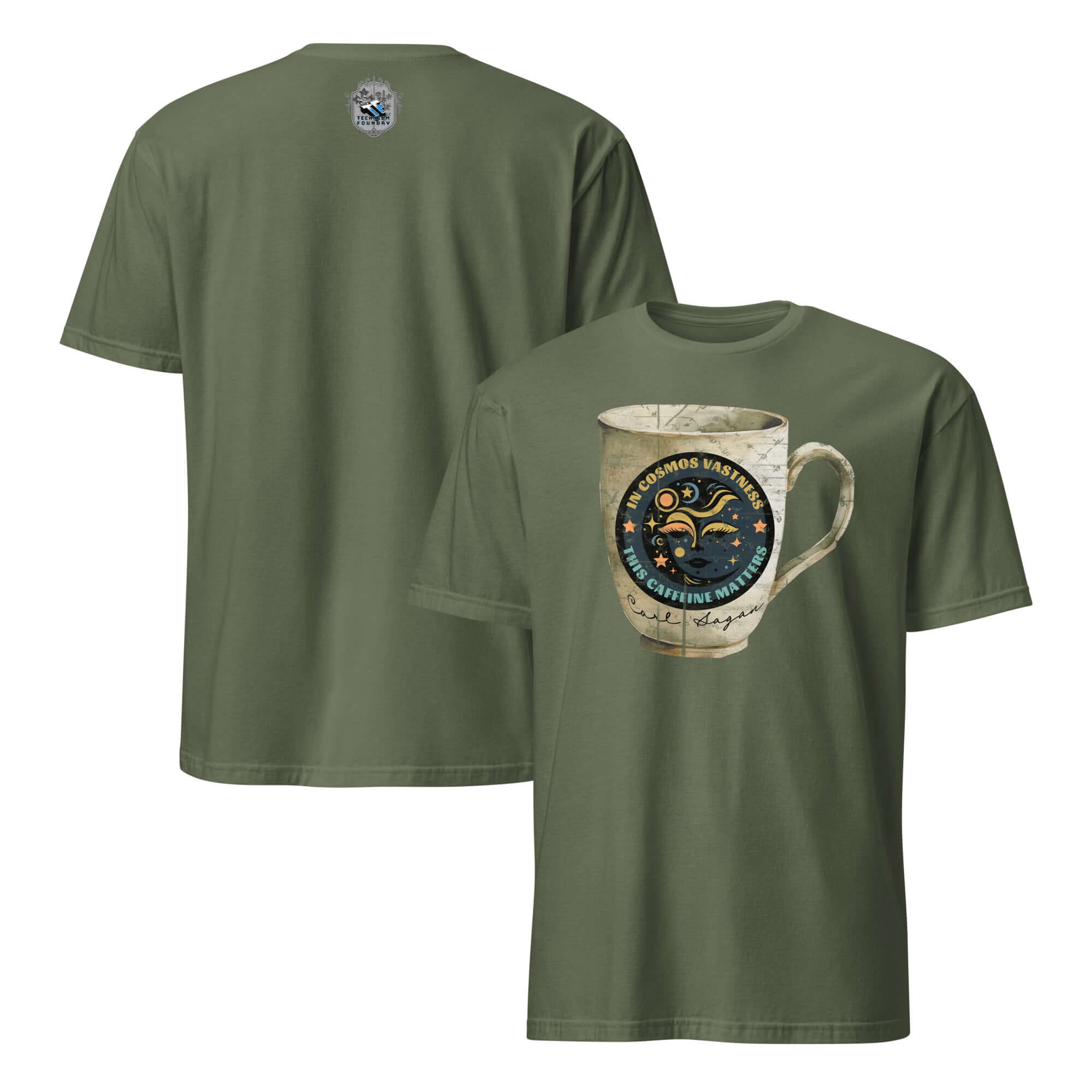 Carl Sagan Cosmic Coffee Mug T-Shirt featuring a lunar face and celestial design with stars and planets. Perfect for astronomy lovers.