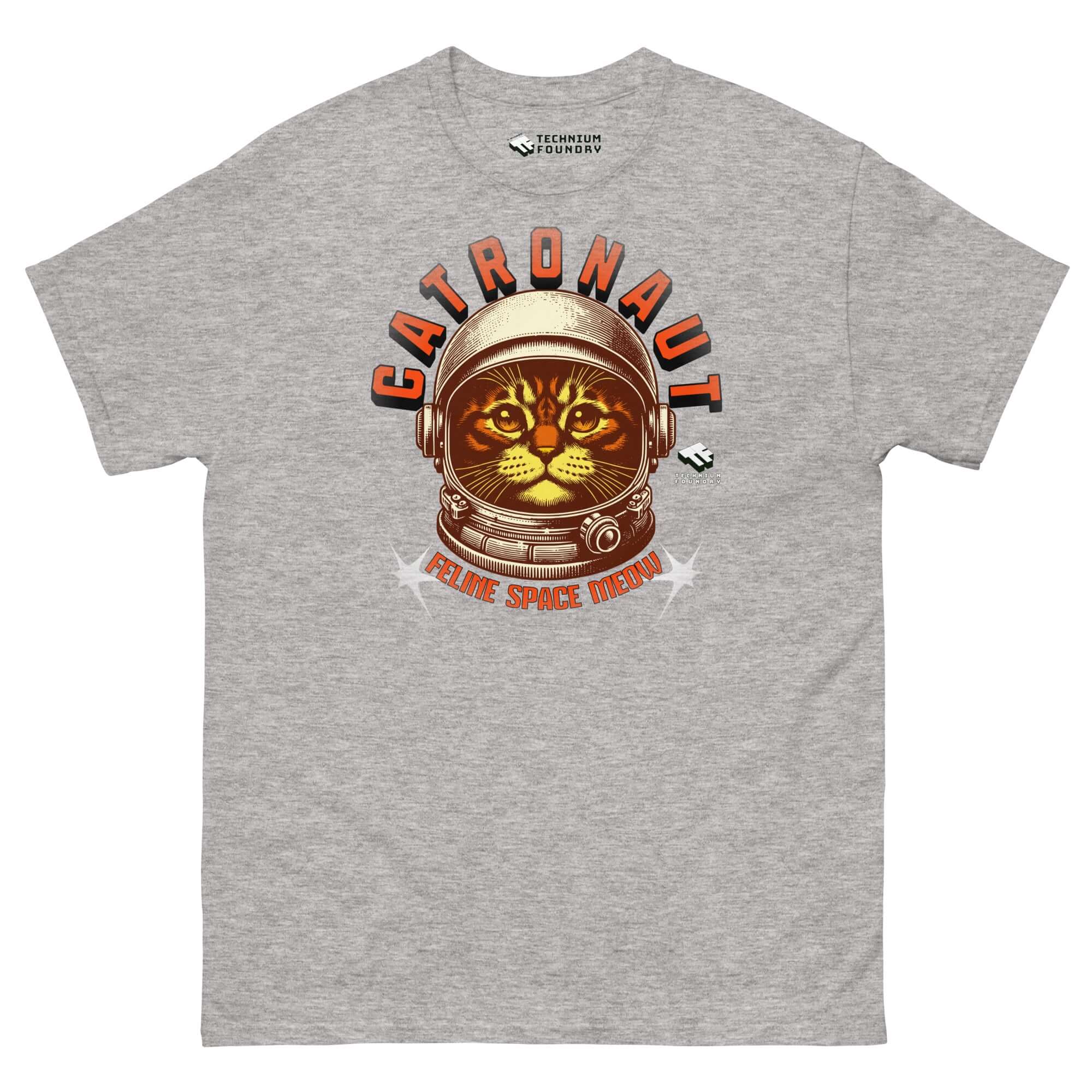 "Catronauts Feline Space Medal T-Shirt featuring a cat in a space helmet by Technium Foundry, novelty space-themed apparel"