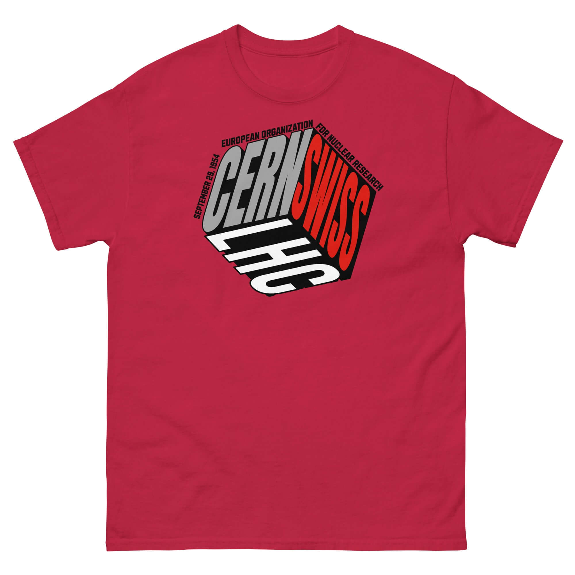 Red CERN/Swiss physics cube T-shirt featuring a reimagined cube logo, perfect for science and fashion enthusiasts.
