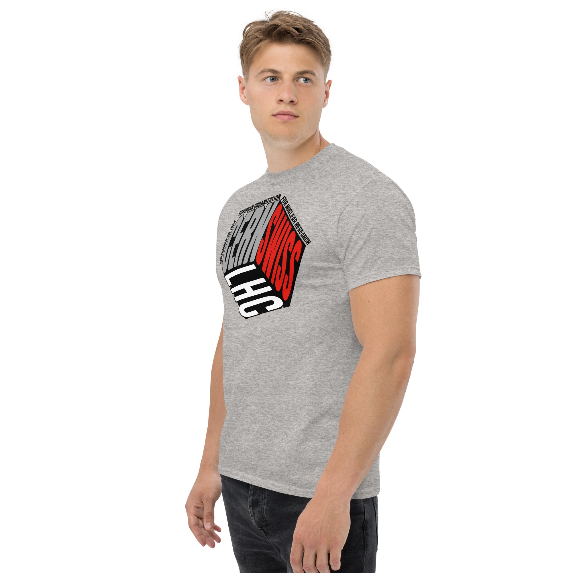 Model wearing CERN/Swiss Physics Cube T-Shirt with LHC logo in gray