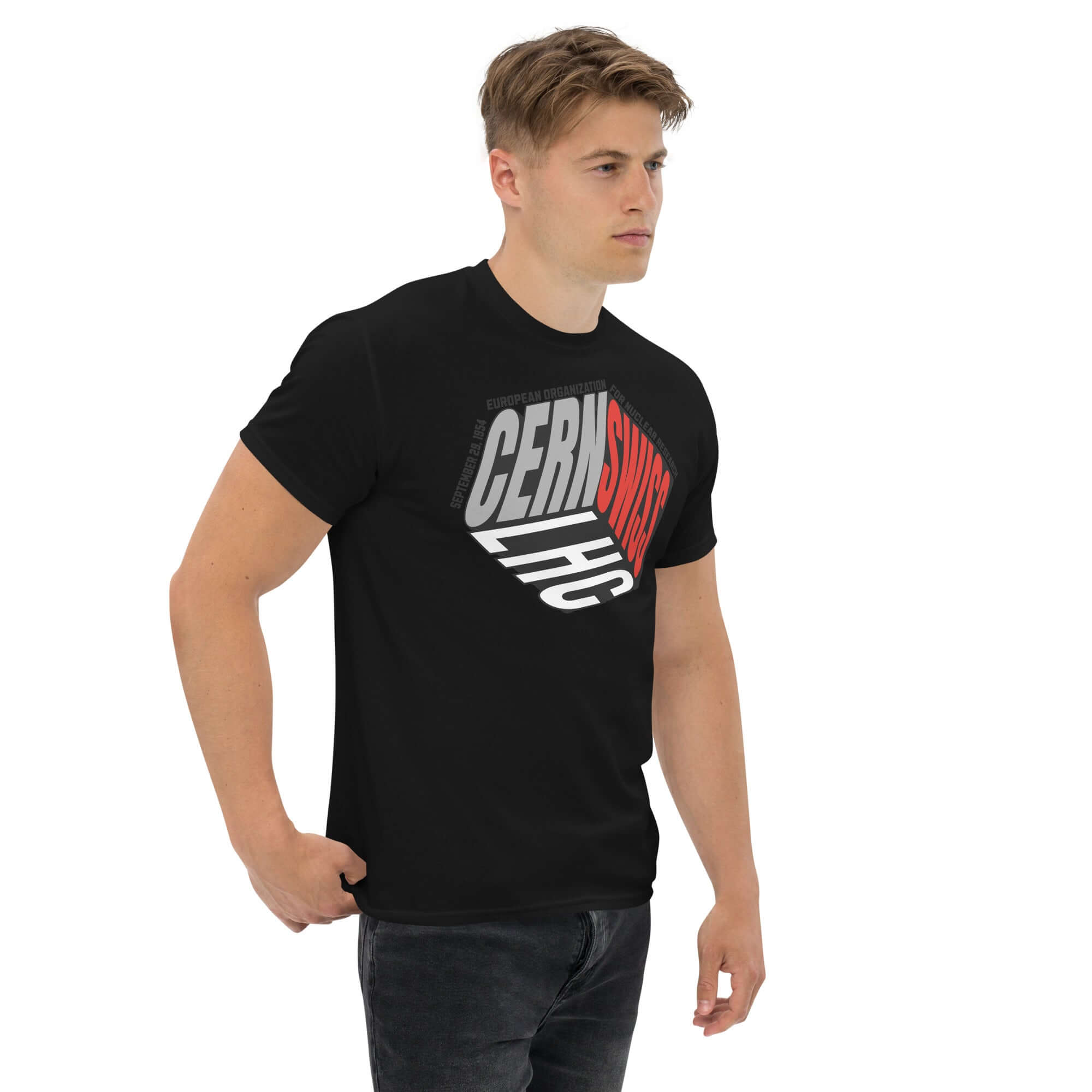 CERN Physics Cube T-Shirt in black with reimagined logo, modeled by a person standing, offering science-inspired fashion.
