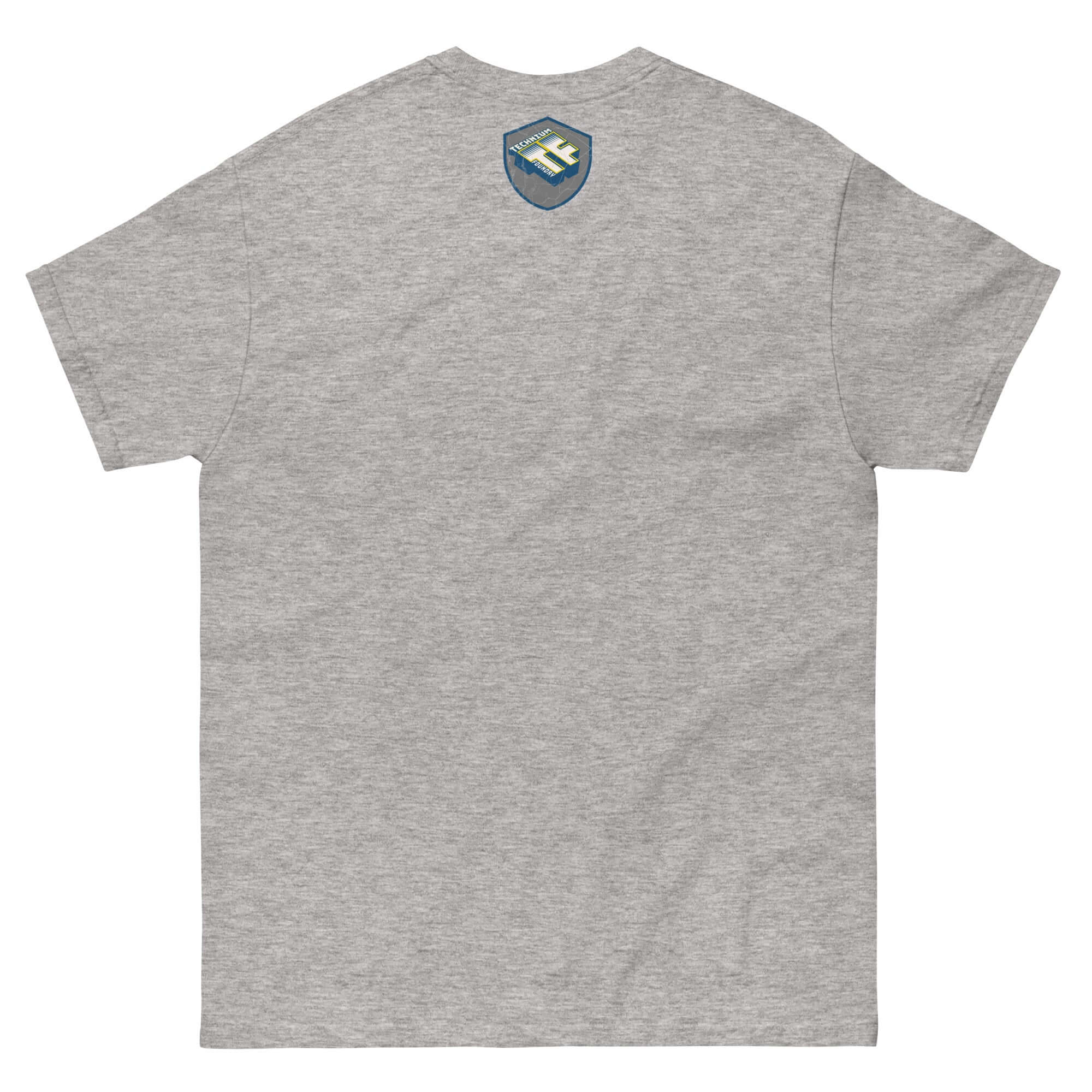 Back view of grey physics-themed T-shirt with a small CERN logo on upper back.