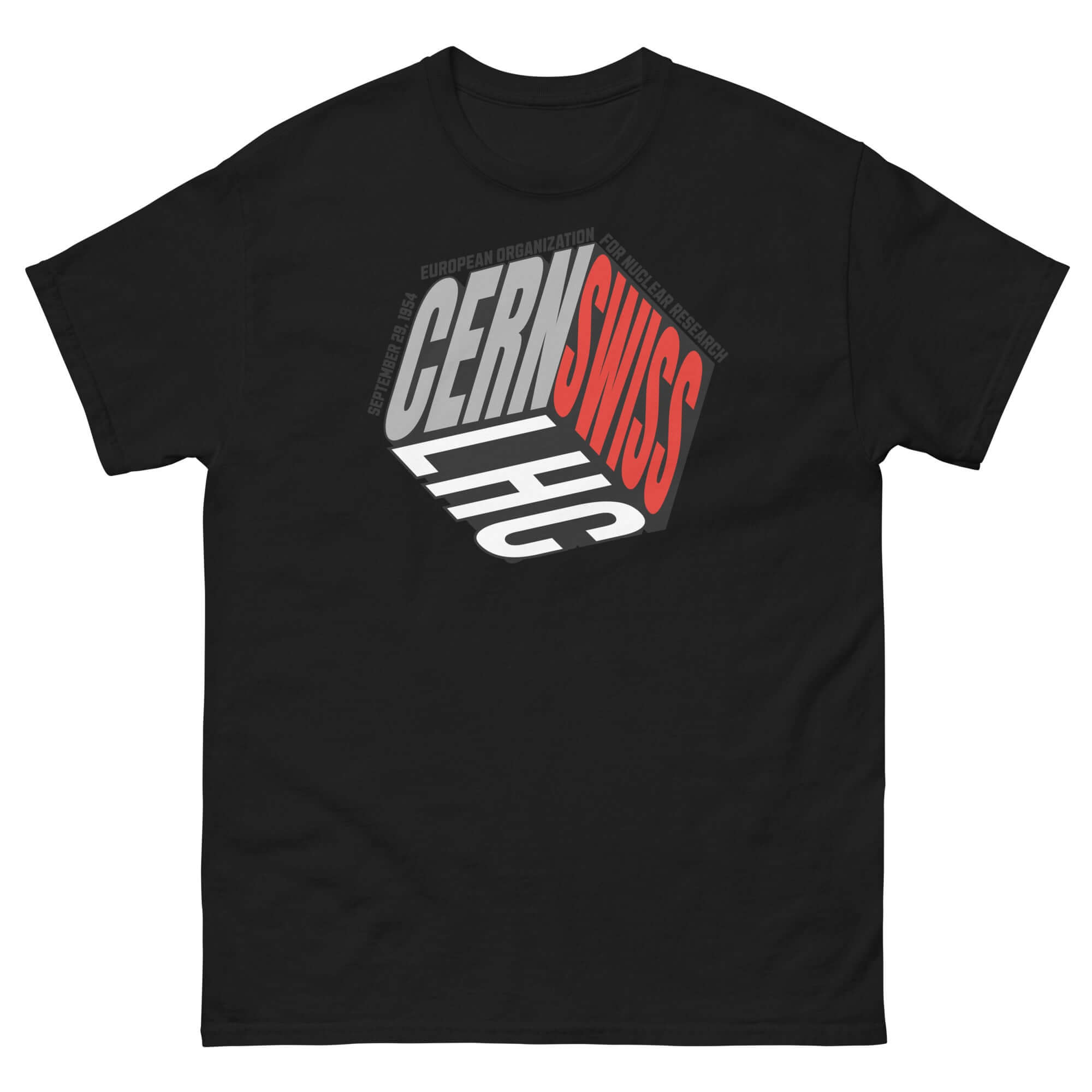 CERN Swiss Physics Cube T-Shirt in black featuring a reimagined CERN logo as a cube. Embrace physics with style.