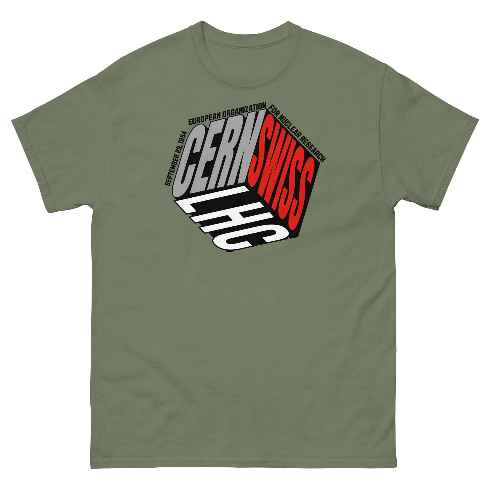 Olive-green CERN Swiss Physics Cube T-Shirt featuring a cube design with text from the CERN logo, blending fashion and science.
