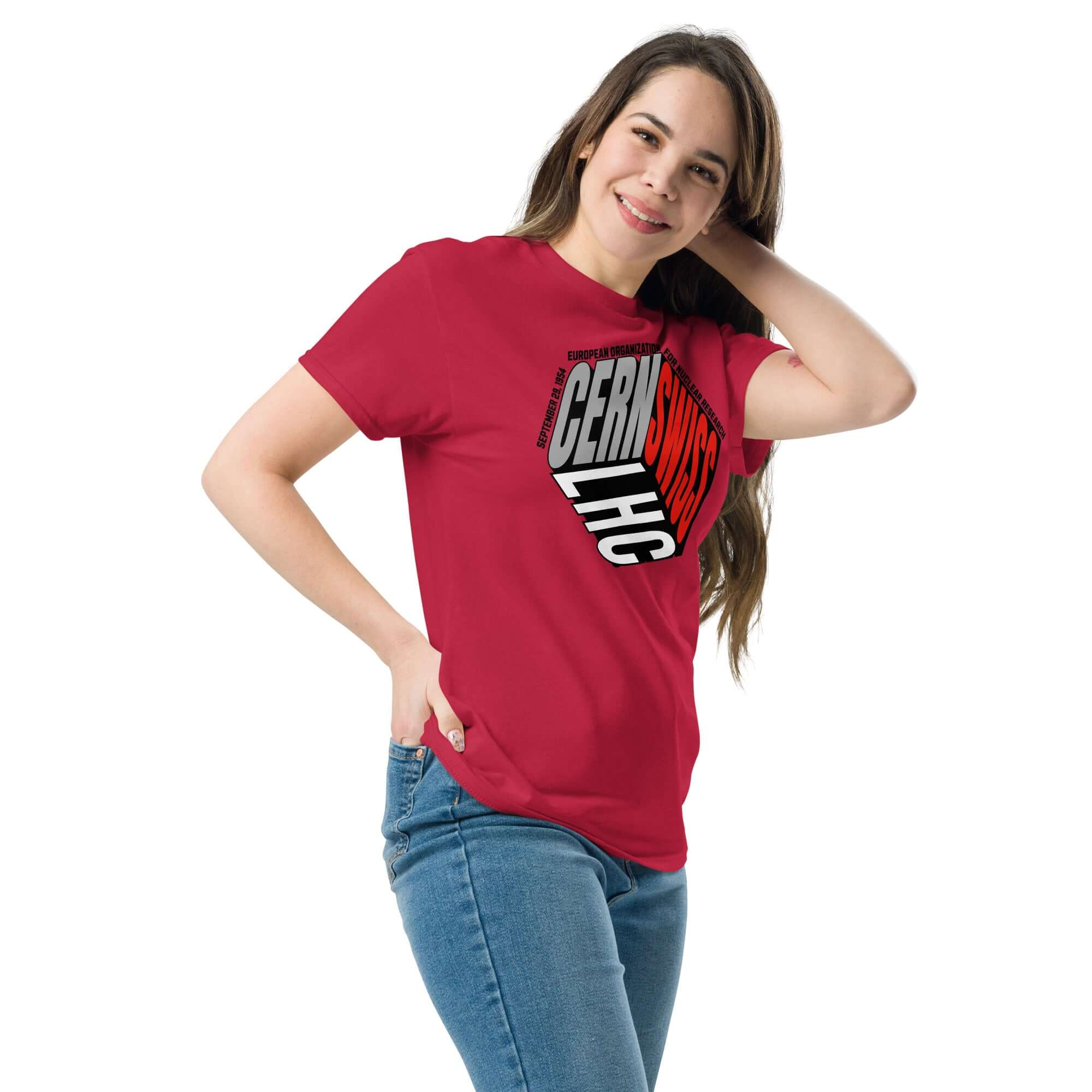 Model wearing red CERN Swiss Physics Cube T-Shirt with stylish design, merging fashion with particle physics.