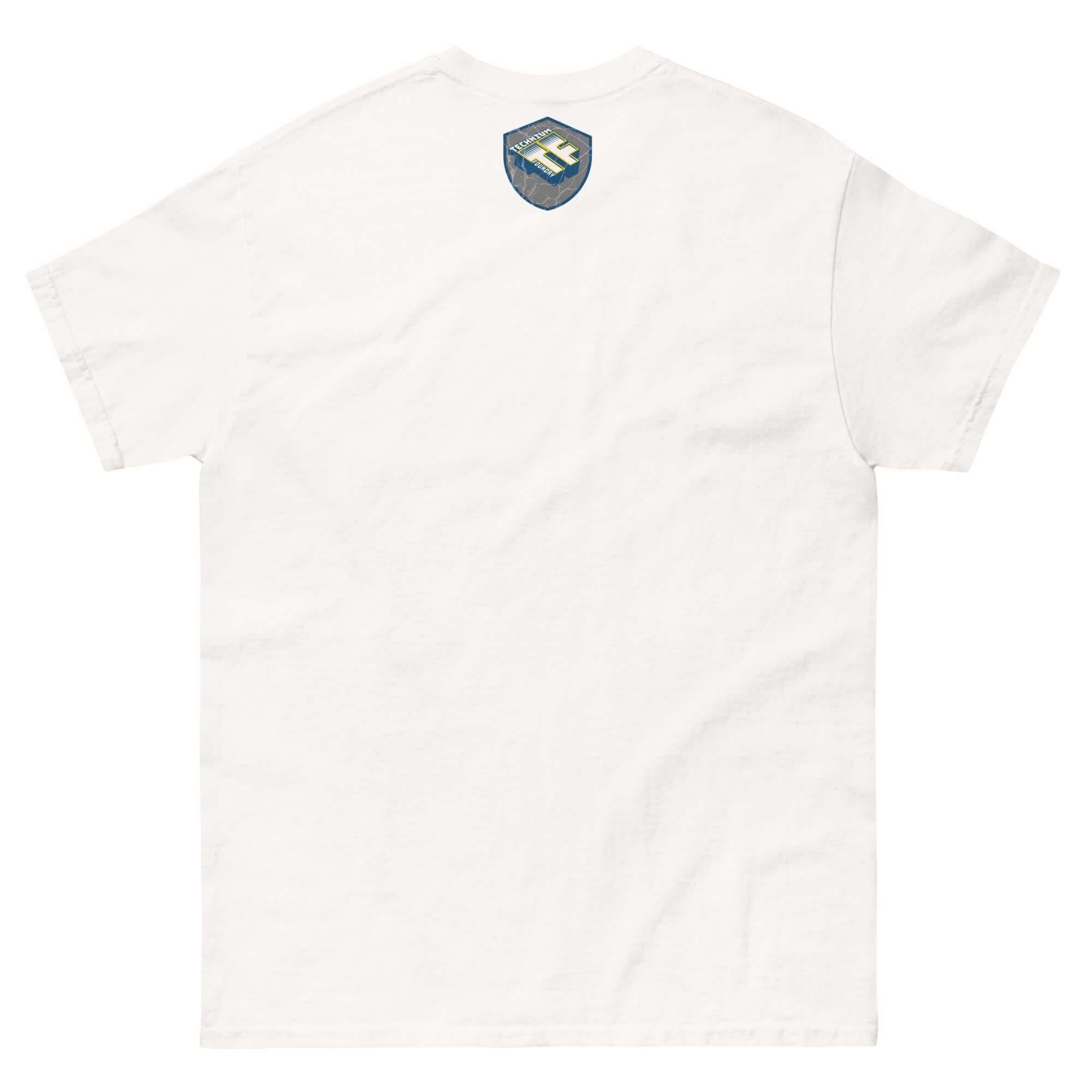 Back view of a white t-shirt featuring a stylish cube design inspired by the CERN logo, perfect for science and fashion enthusiasts.