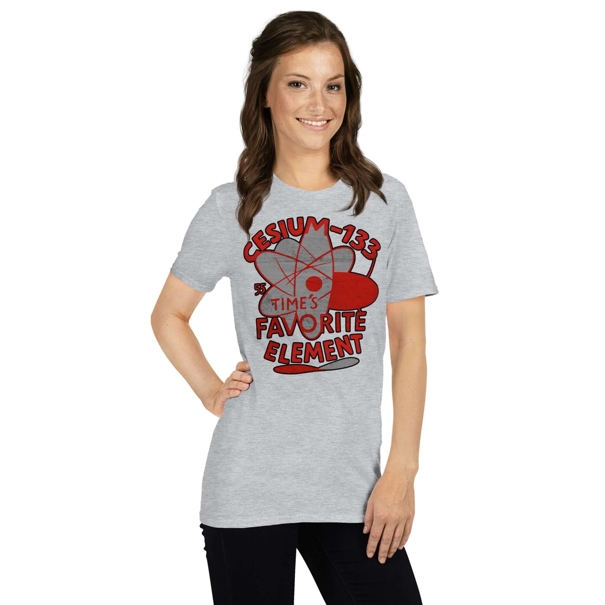Woman wearing a Cesium-133 Atomic Clock T-Shirt featuring a time theme design in red on a grey background.