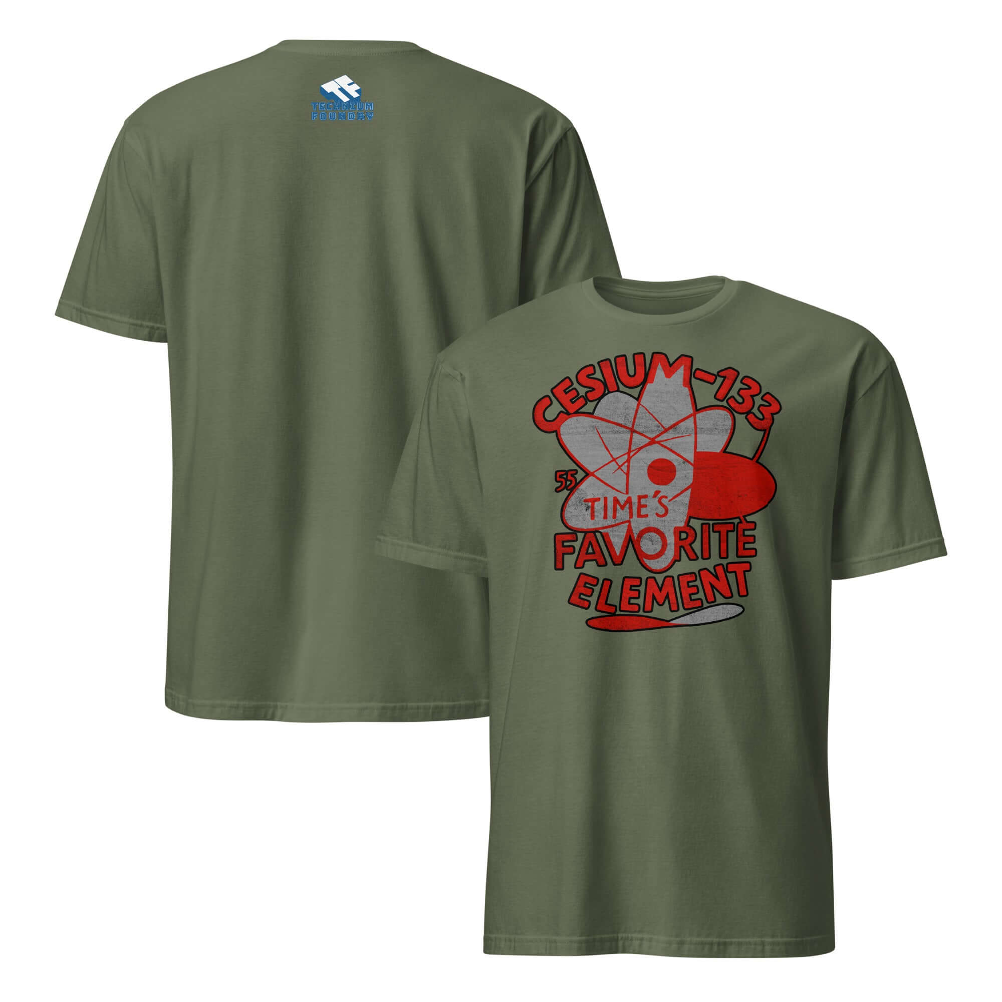 Olive green atomic clock t-shirt featuring a bold red cesium-133 design with "Time's Favorite Element" text