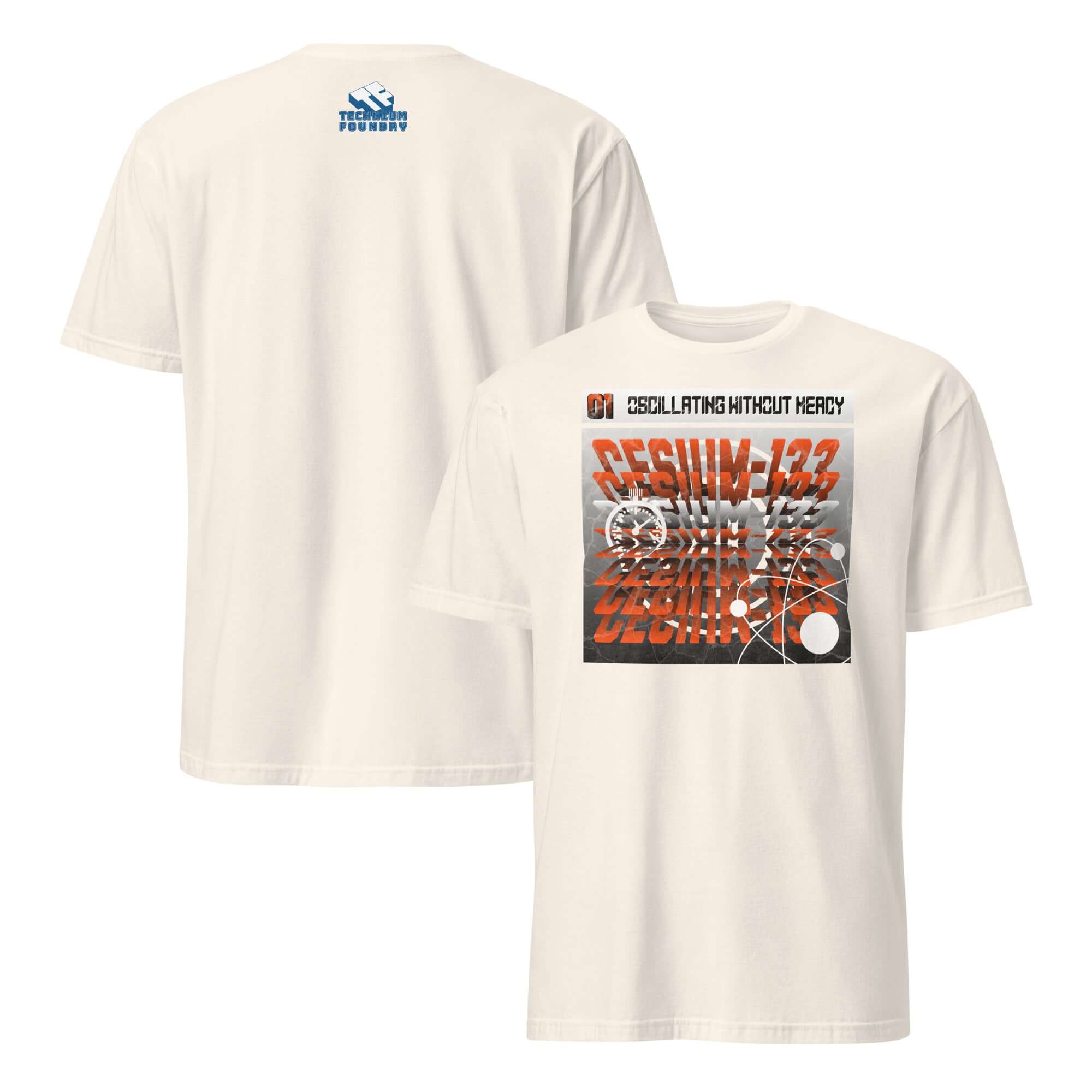 Cesium-133 Oscillation T-Shirt with Atomic Clock Design in industrial style featuring perspective-shifting typography on white cotton.
