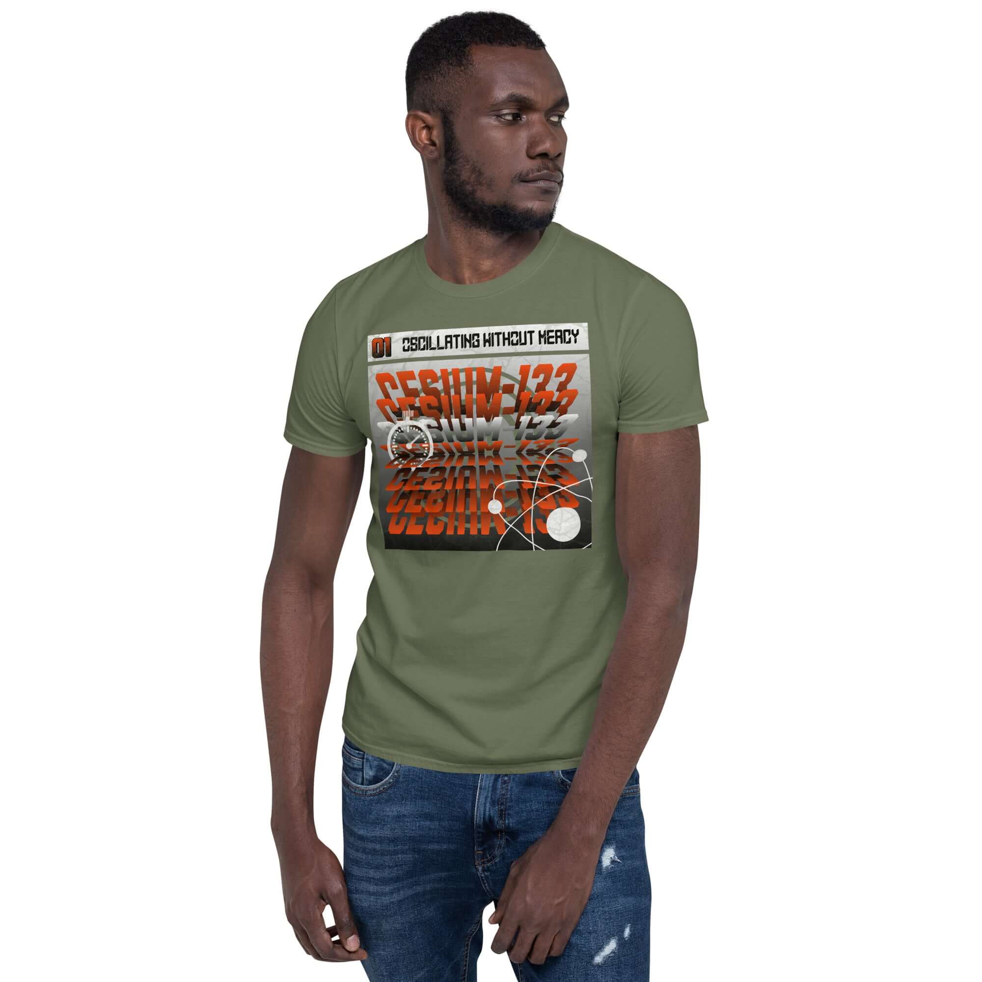 Man wearing Cesium-133 Oscillation T-Shirt with atomic clock design in industrial style