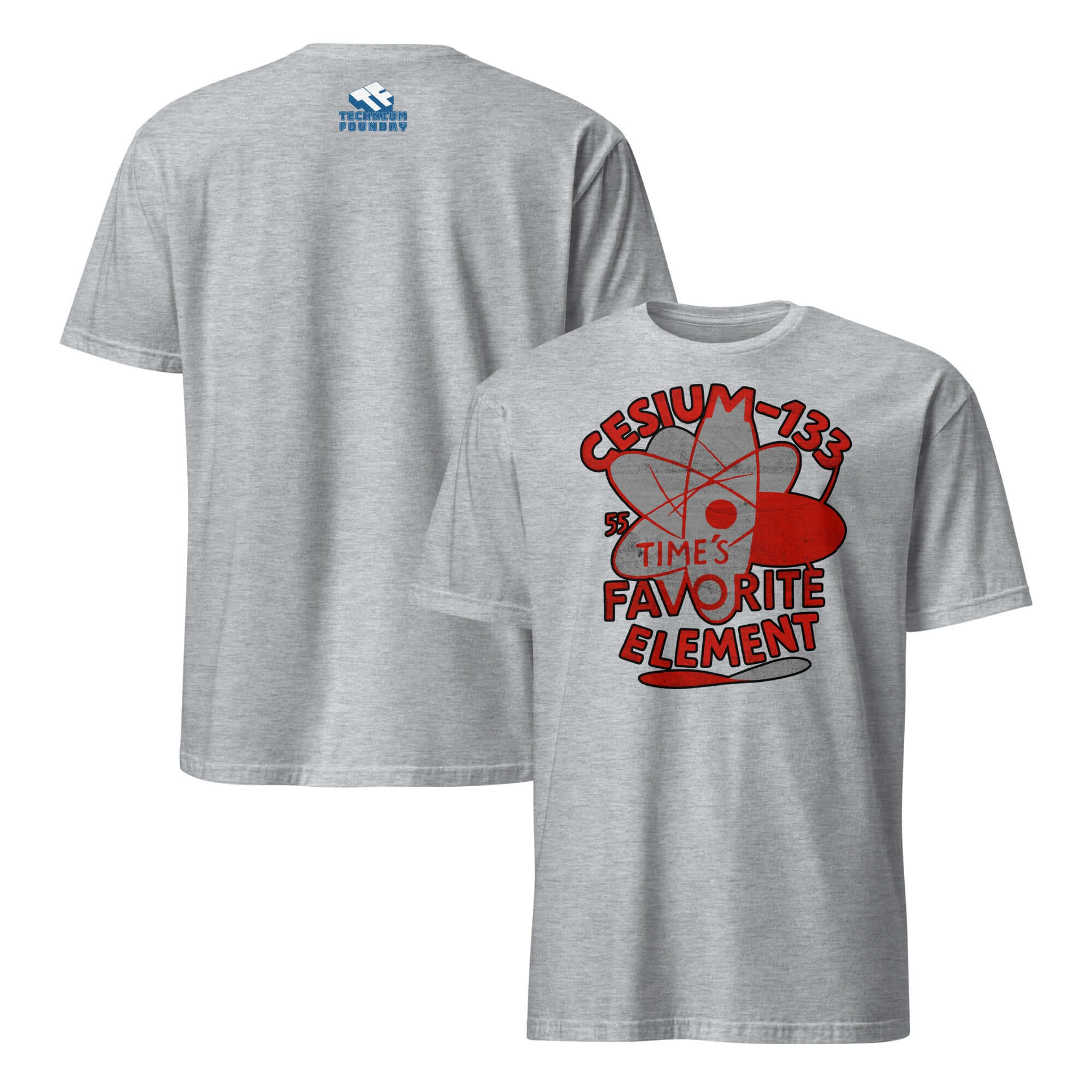 Gray Cesium-133 Atomic Clock T-Shirt with "Time's Favorite Element" red graphic on back, perfect for science enthusiasts.