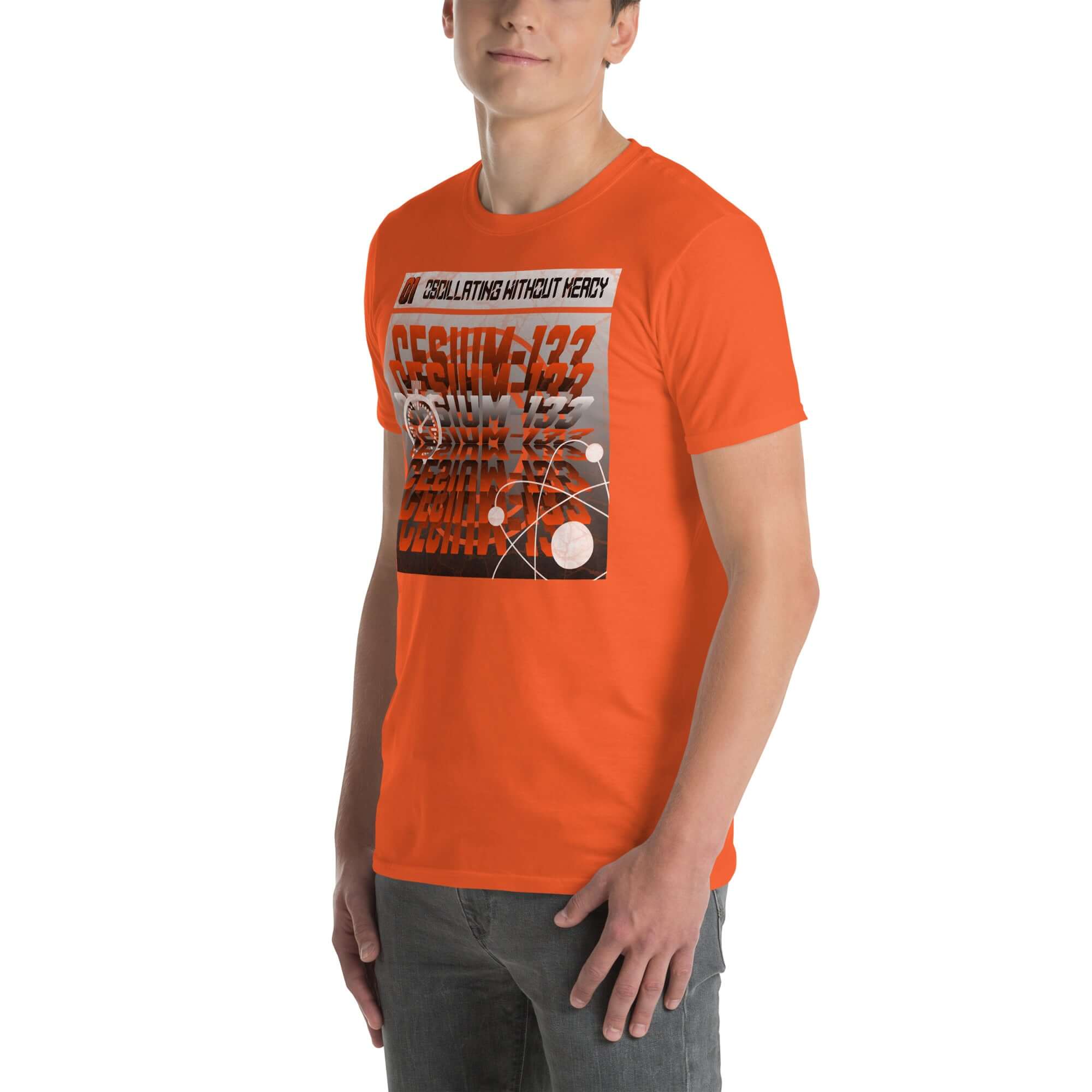 Orange Cesium-133 Oscillation T-Shirt with Atomic Clock Design in Industrial-Minimalist Style