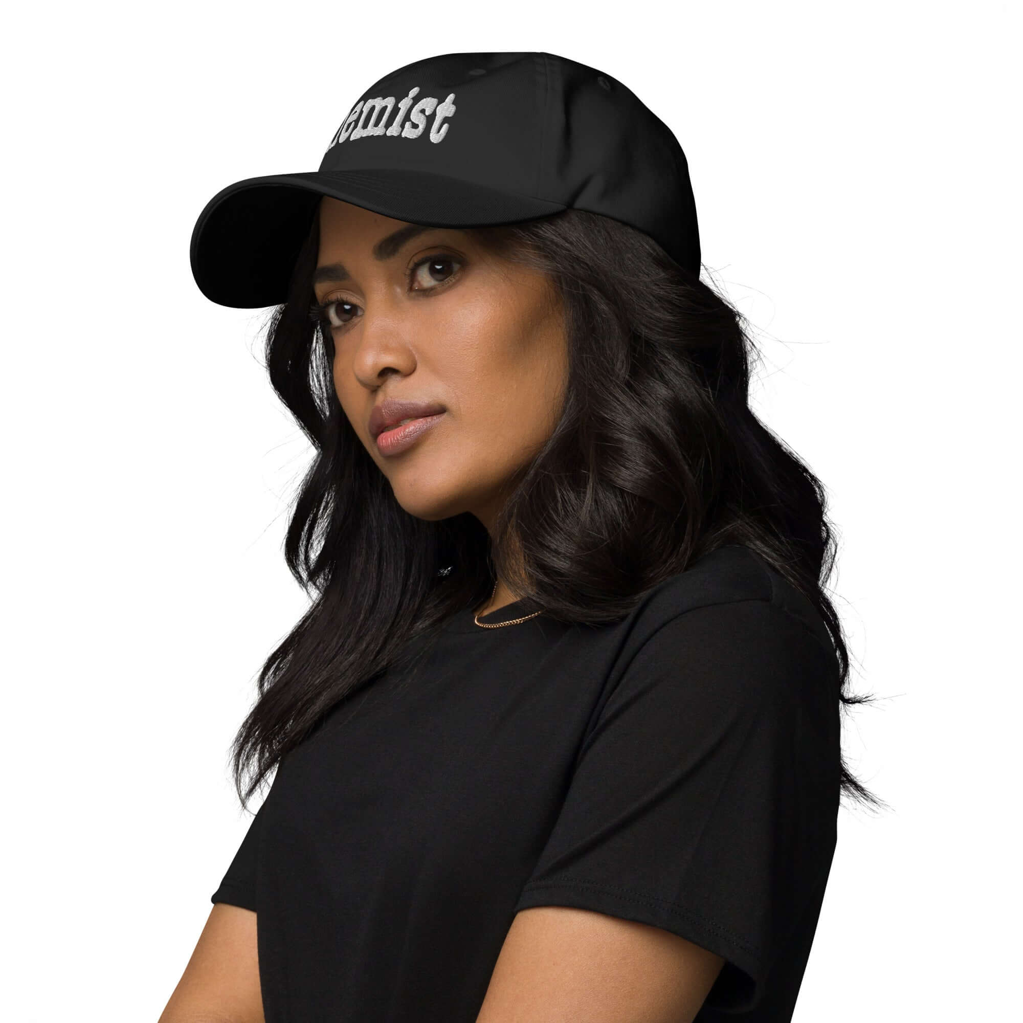 Woman wearing black Chemist baseball cap, perfect for professionals with an elegant, simple design highlighting scientific mastery.