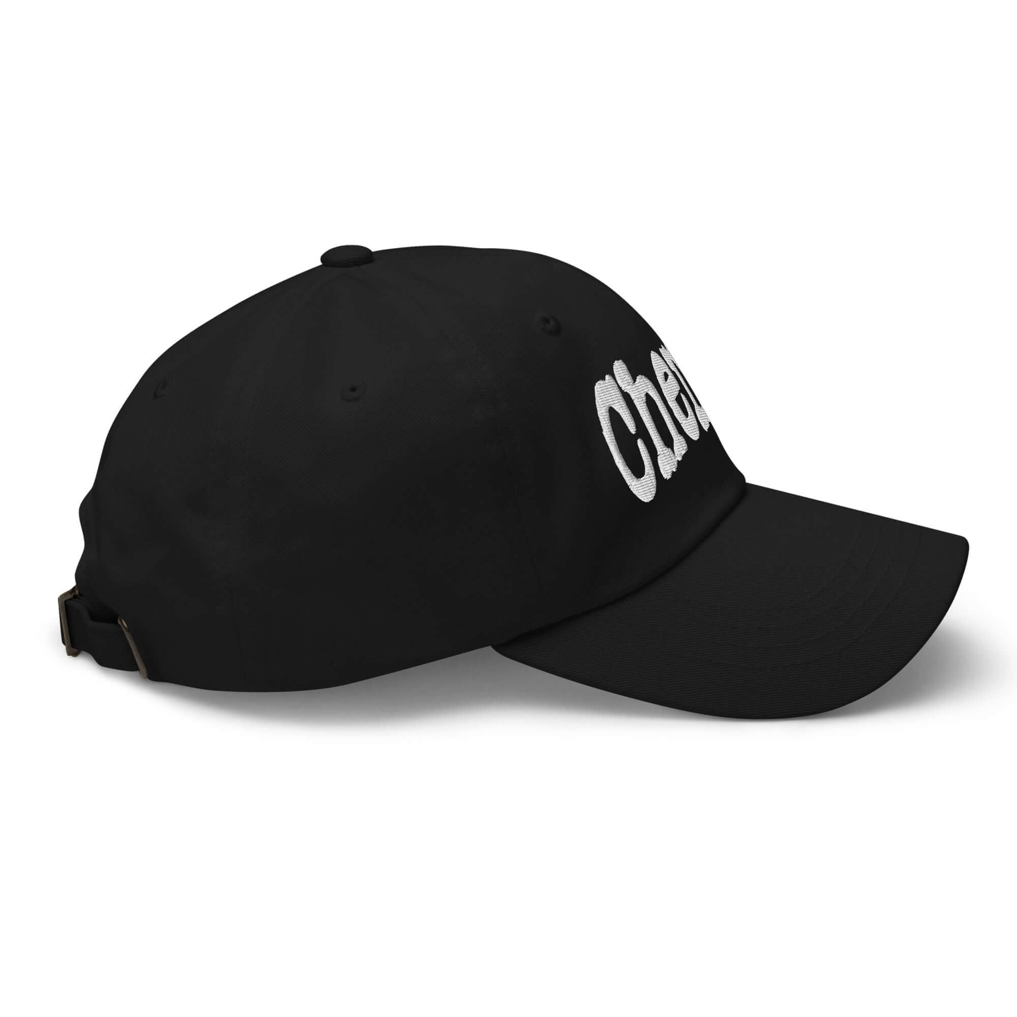 Chemist Baseball Cap - Professional Atom-Wrangling Headwear in black, side view with adjustable strap and "CHEMIST" text.