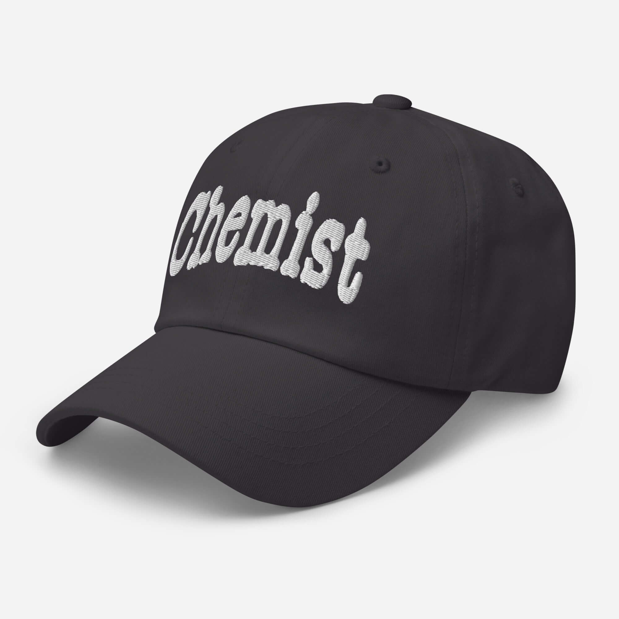 Chemist baseball cap in black with embroidered text, ideal for science professionals and enthusiasts seeking stylish headwear.