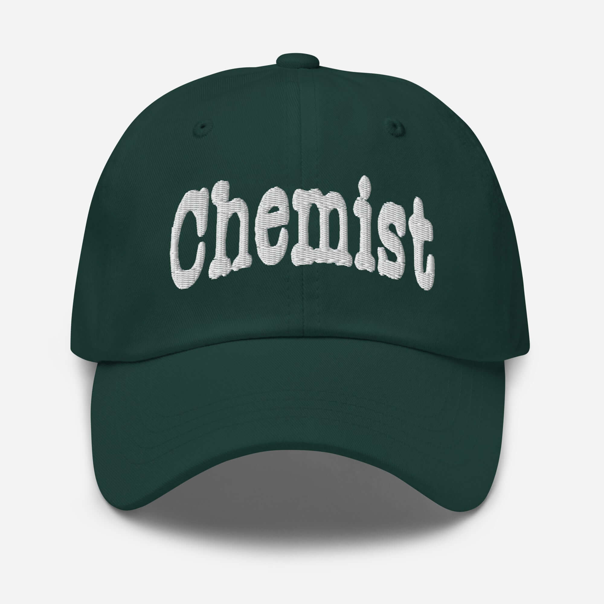 Chemist baseball cap, green with white embroidered text, perfect for professional atom-wranglers and chemistry enthusiasts.