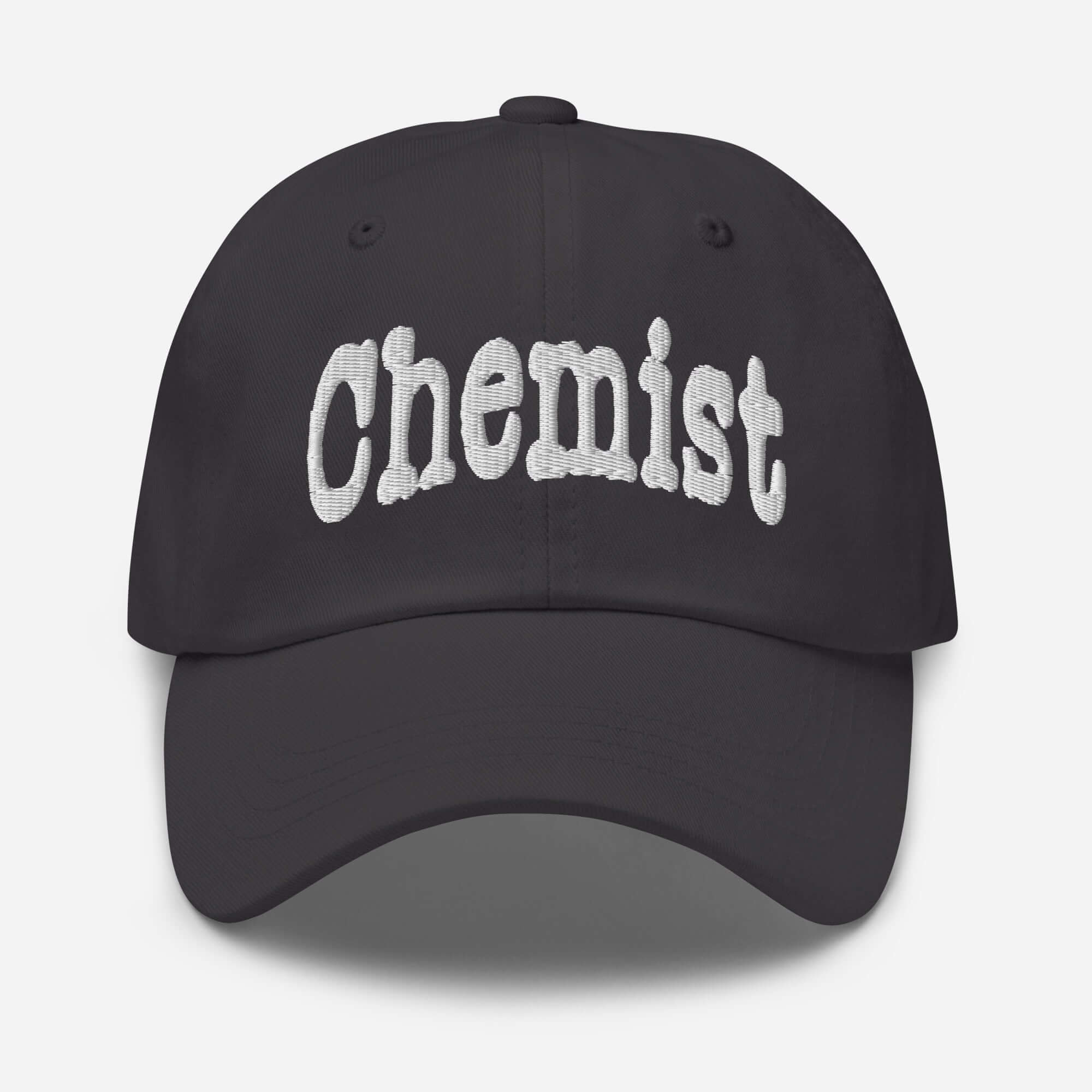 Chemist baseball cap, black with white 'Chemist' embroidery, ideal professional headwear for chemistry enthusiasts and atom-wranglers.