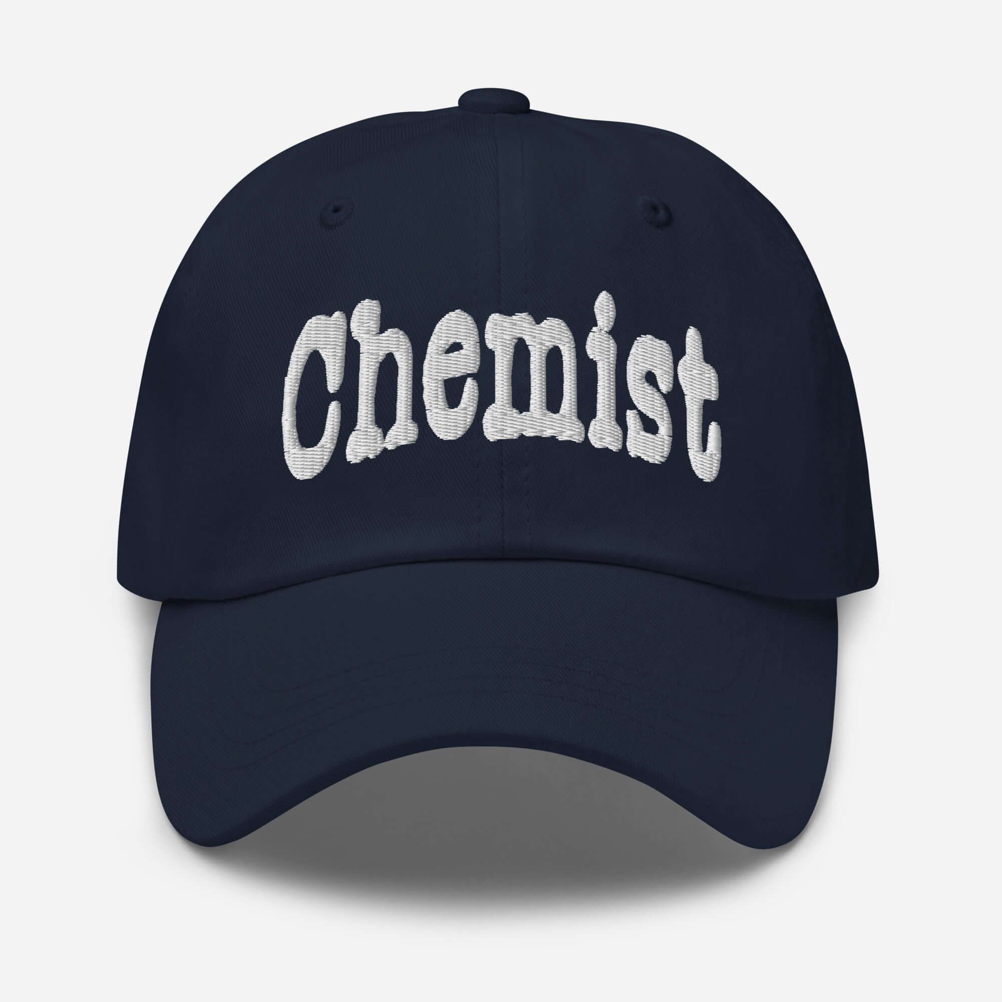Chemist baseball cap with 'Chemist' embroidered in white on the front, ideal for professional atom-wranglers and chemistry enthusiasts.