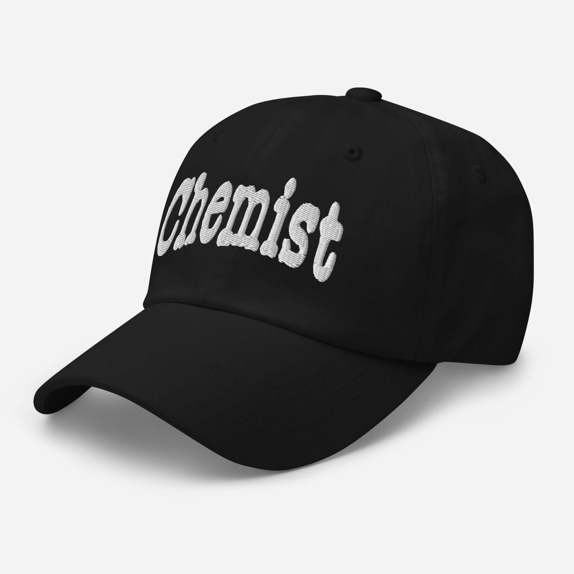 Chemist baseball cap showcasing atom-wrangling style in black with bold 'Chemist' embroidery for science enthusiasts.