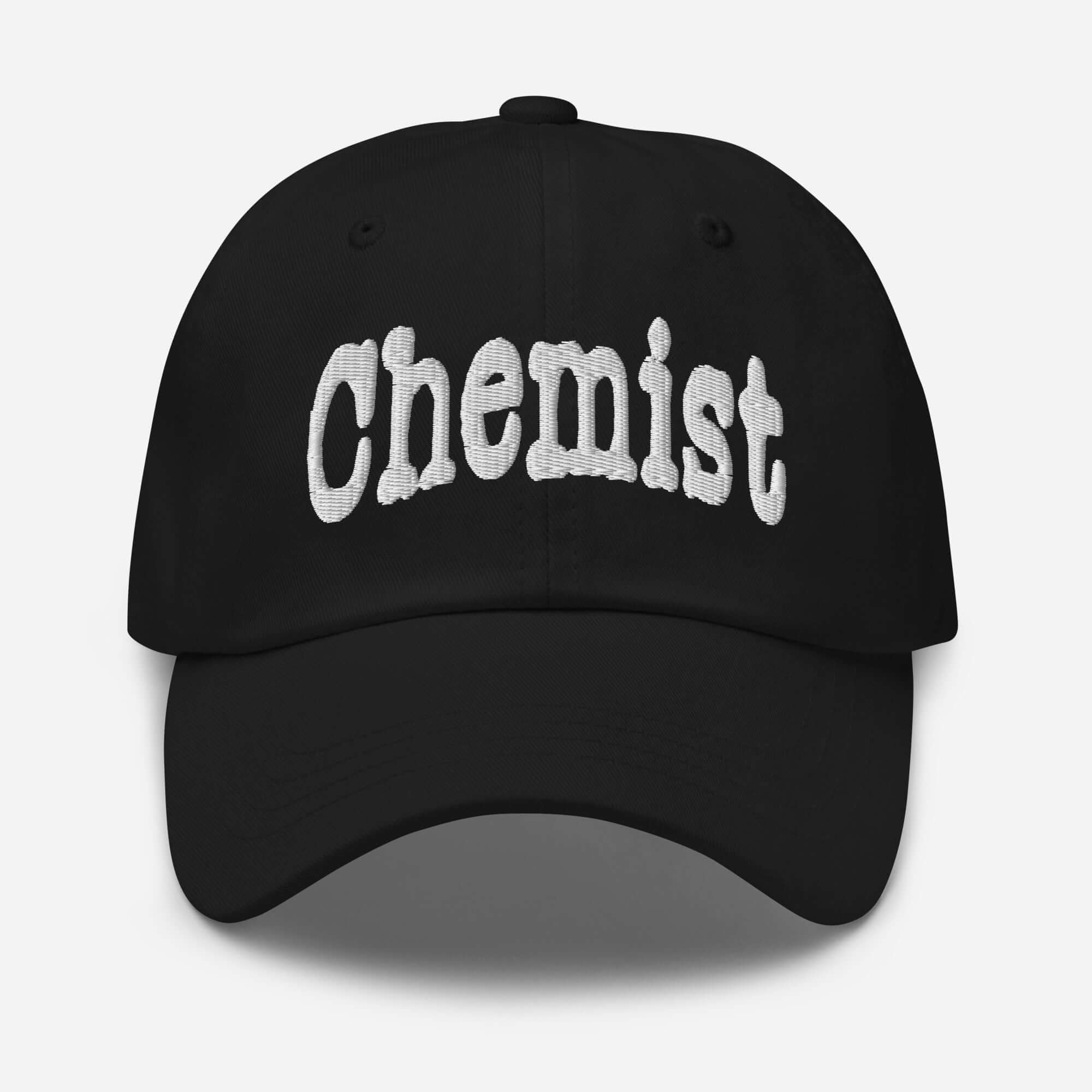 Black baseball cap with the word 'Chemist' in bold white lettering, perfect for science professionals and enthusiasts.