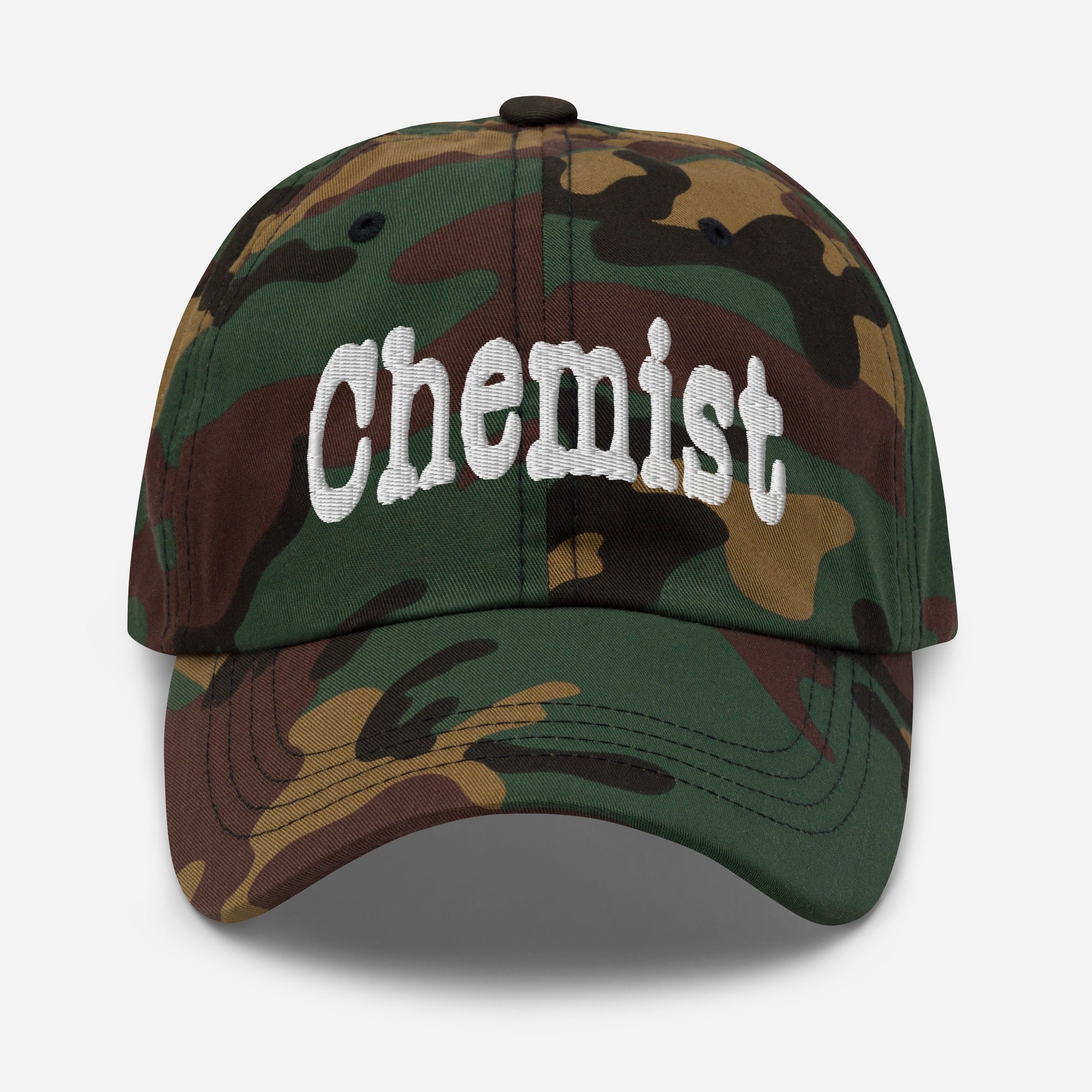 Green camo baseball cap with 'Chemist' text, professional atom-wrangling headwear for chemists and science enthusiasts.