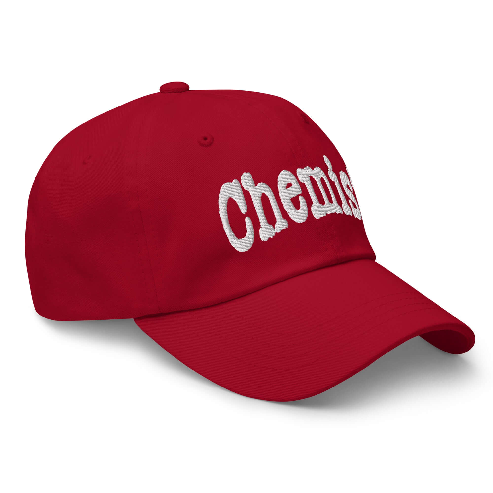 Red Chemist baseball cap with embroidered text, perfect for professionals in atom-wrangling chemistry fields.