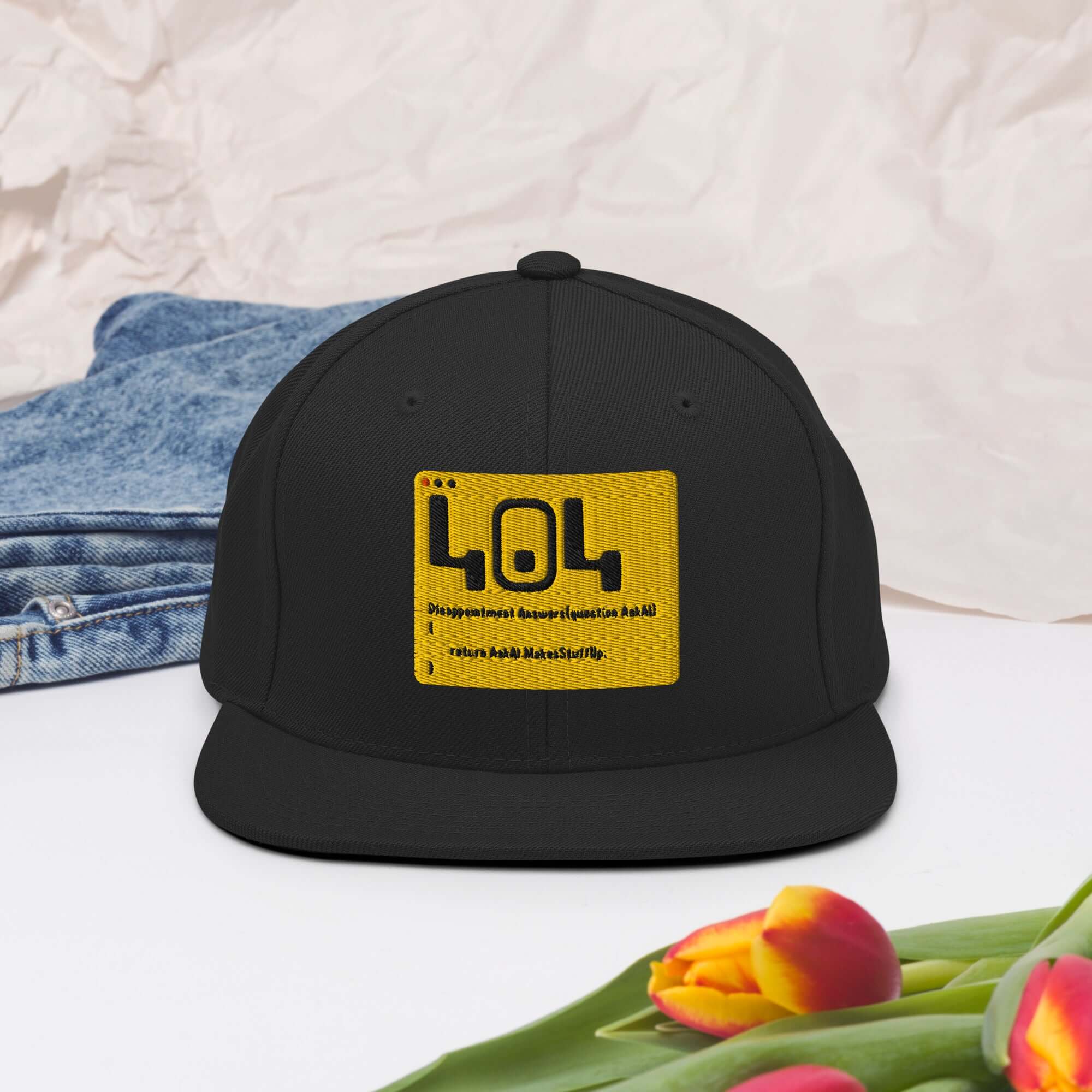 404 Disappointment Hat - Error Code Snapback for Developers - Black humorous headwear with yellow 404 patch
